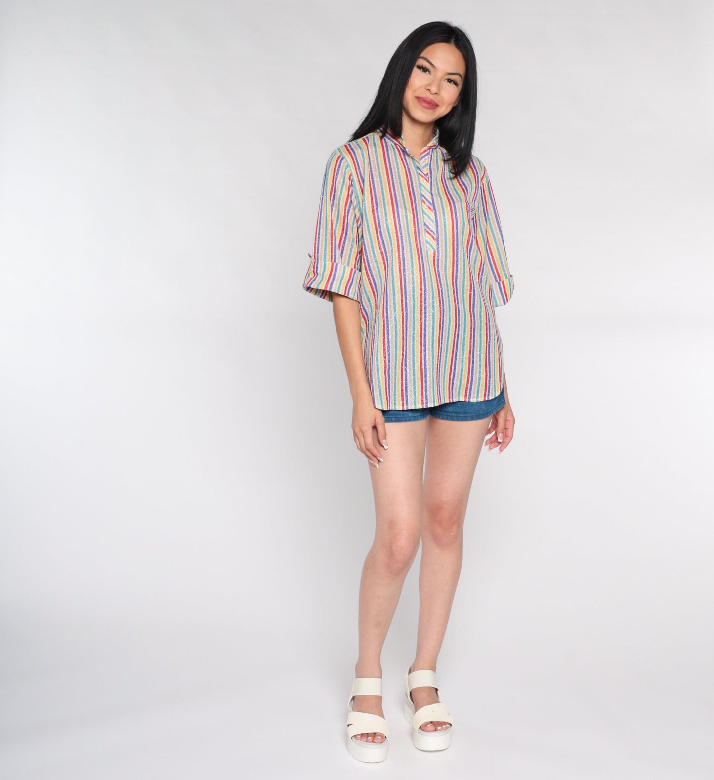 70s Metallic Rainbow Striped Button-Up Blouse 3/4 Sleeve Medium