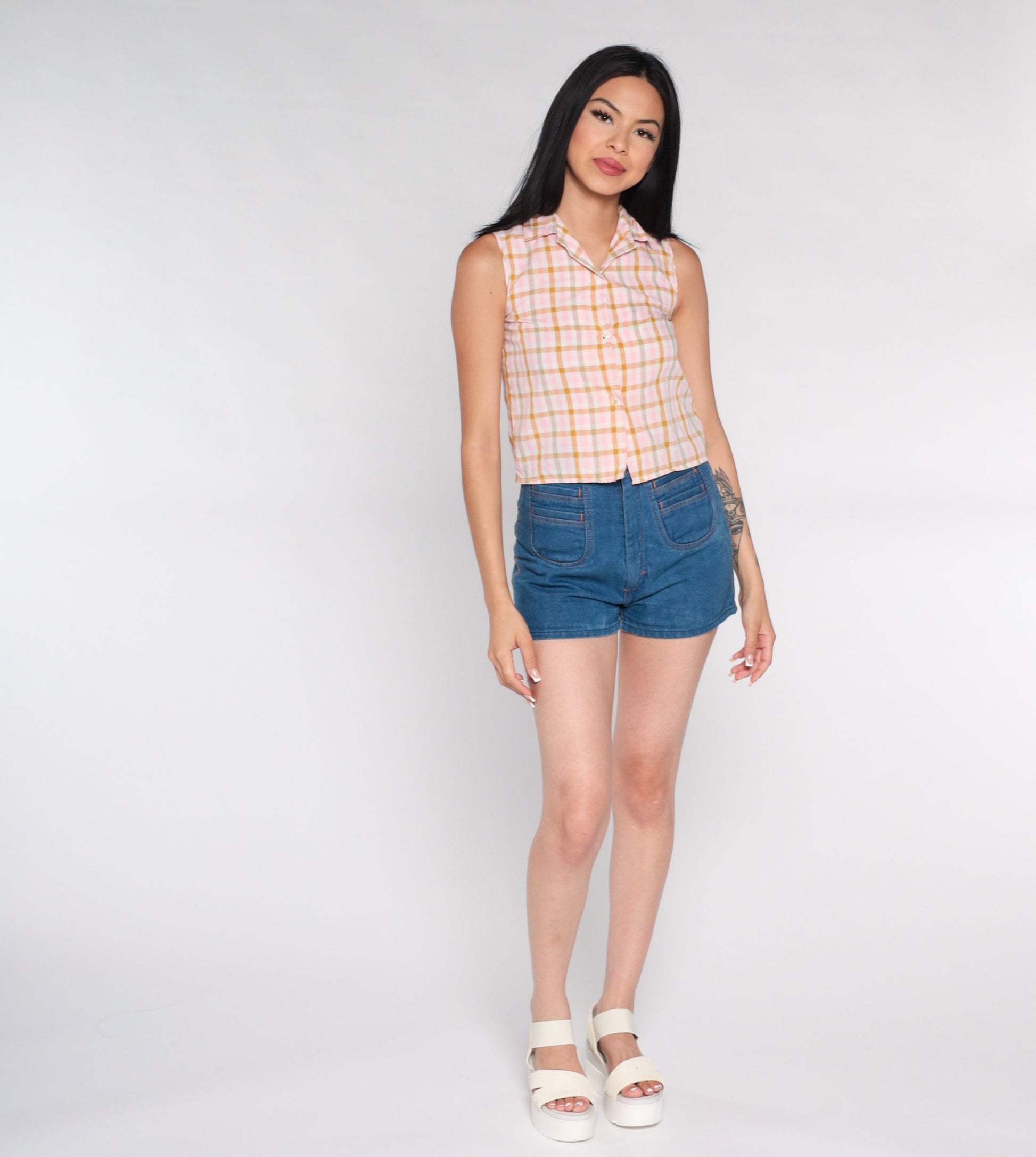 70s Pink Checkered Button-Up Blouse Sleeveless Plaid Top XXS