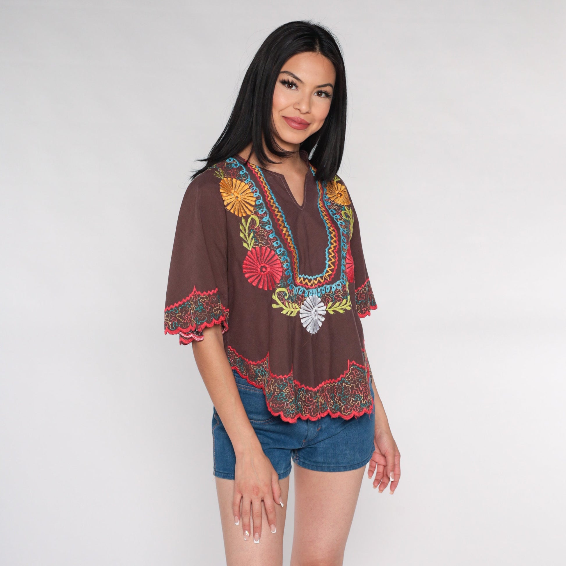 00s Embroidered Floral Bell Sleeve Tunic White Cotton Small