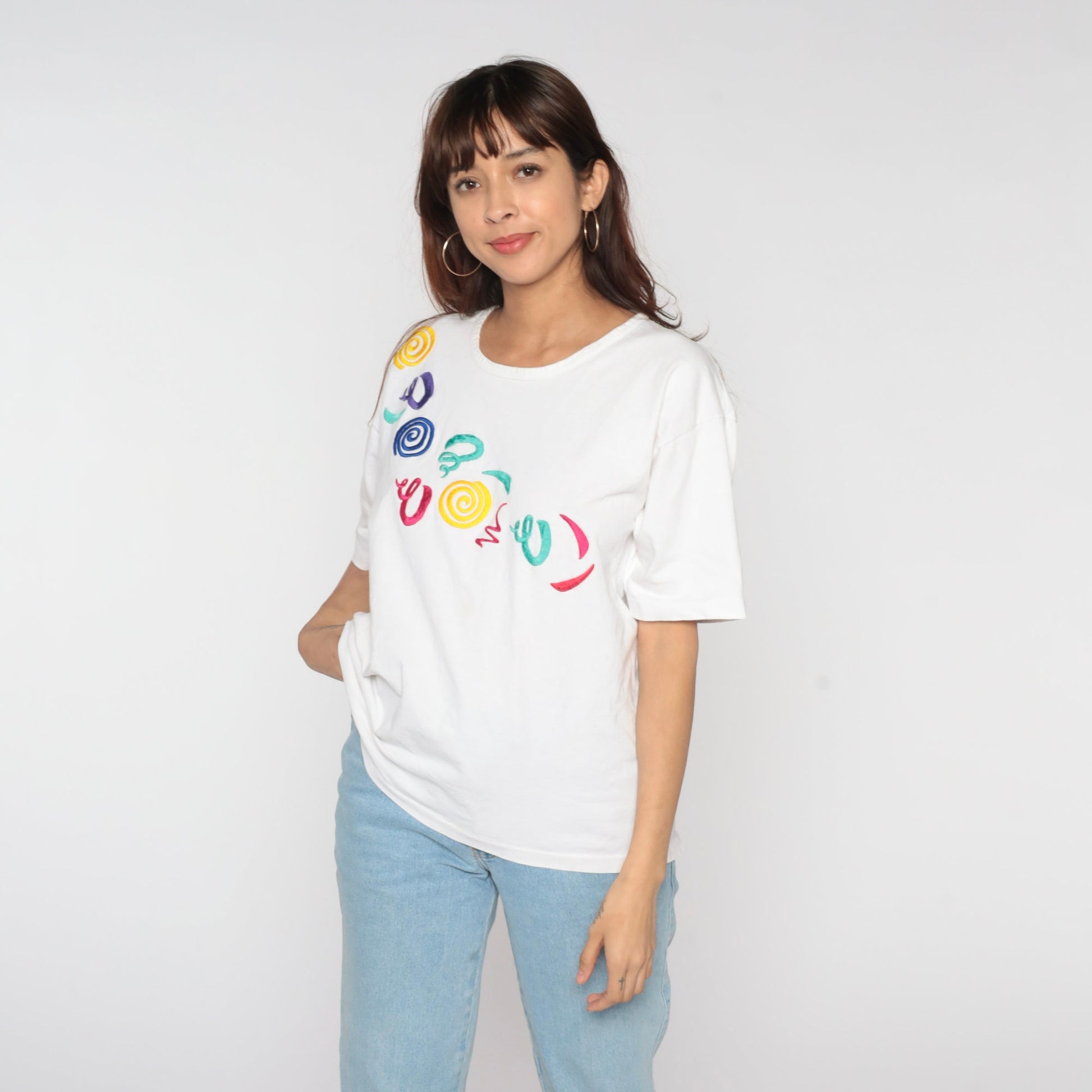 90s Iced T's Embroidered Swirl T-Shirt White Multicolor Abstract Graphic Large