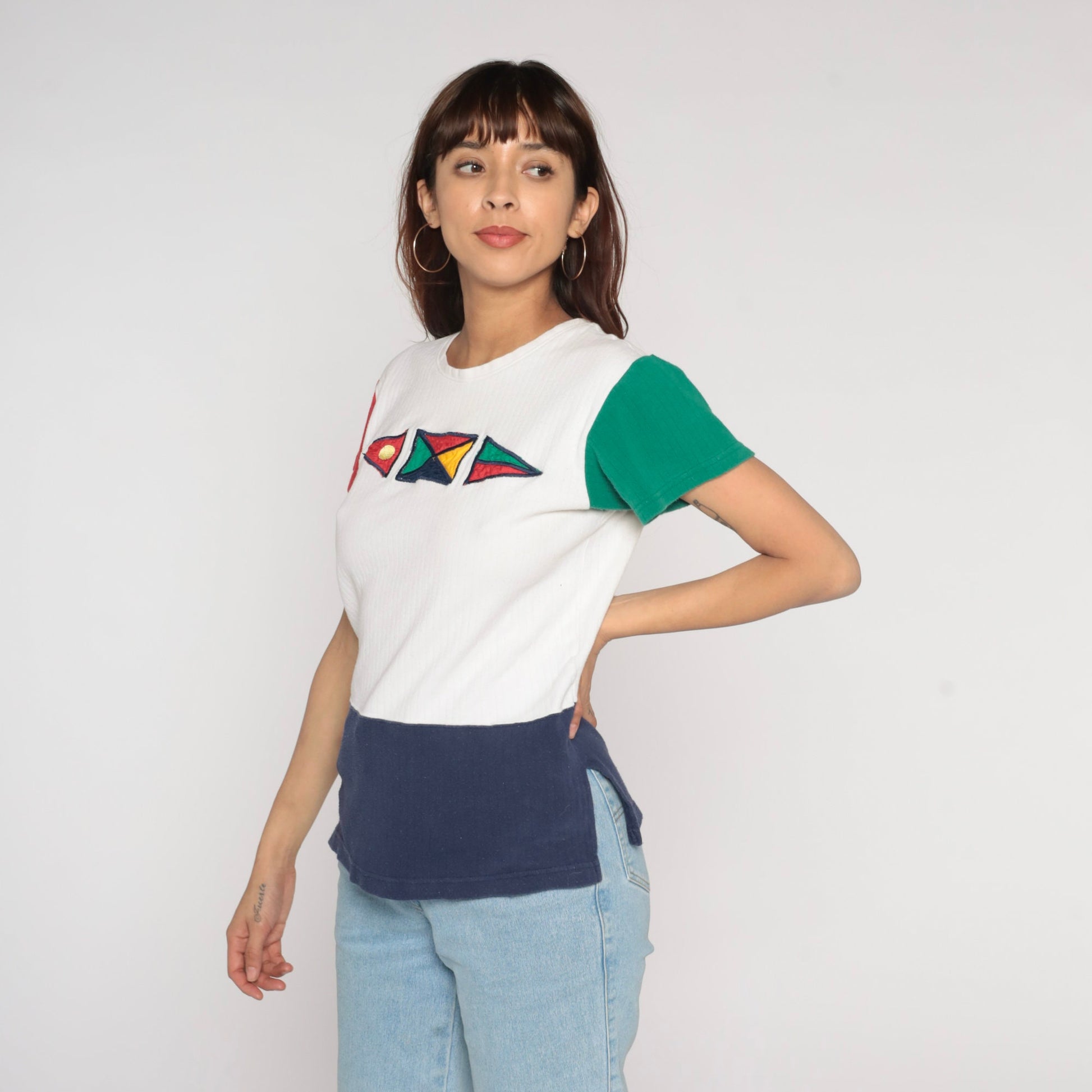 90s Nautical Flag Colour Block T-Shirt White Red Green Blue Sailing Tee Small