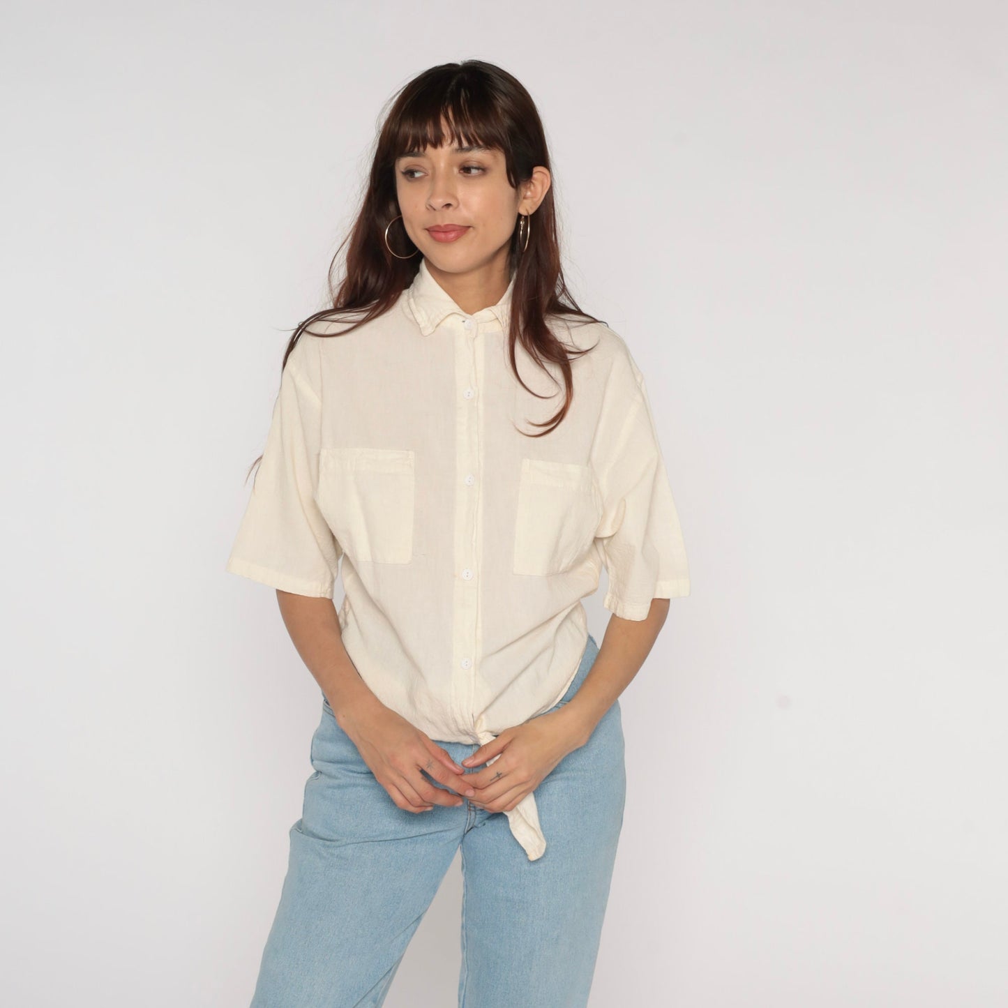 90s Tie Front Blouse Cream Cotton Button Up Short Sleeve Small