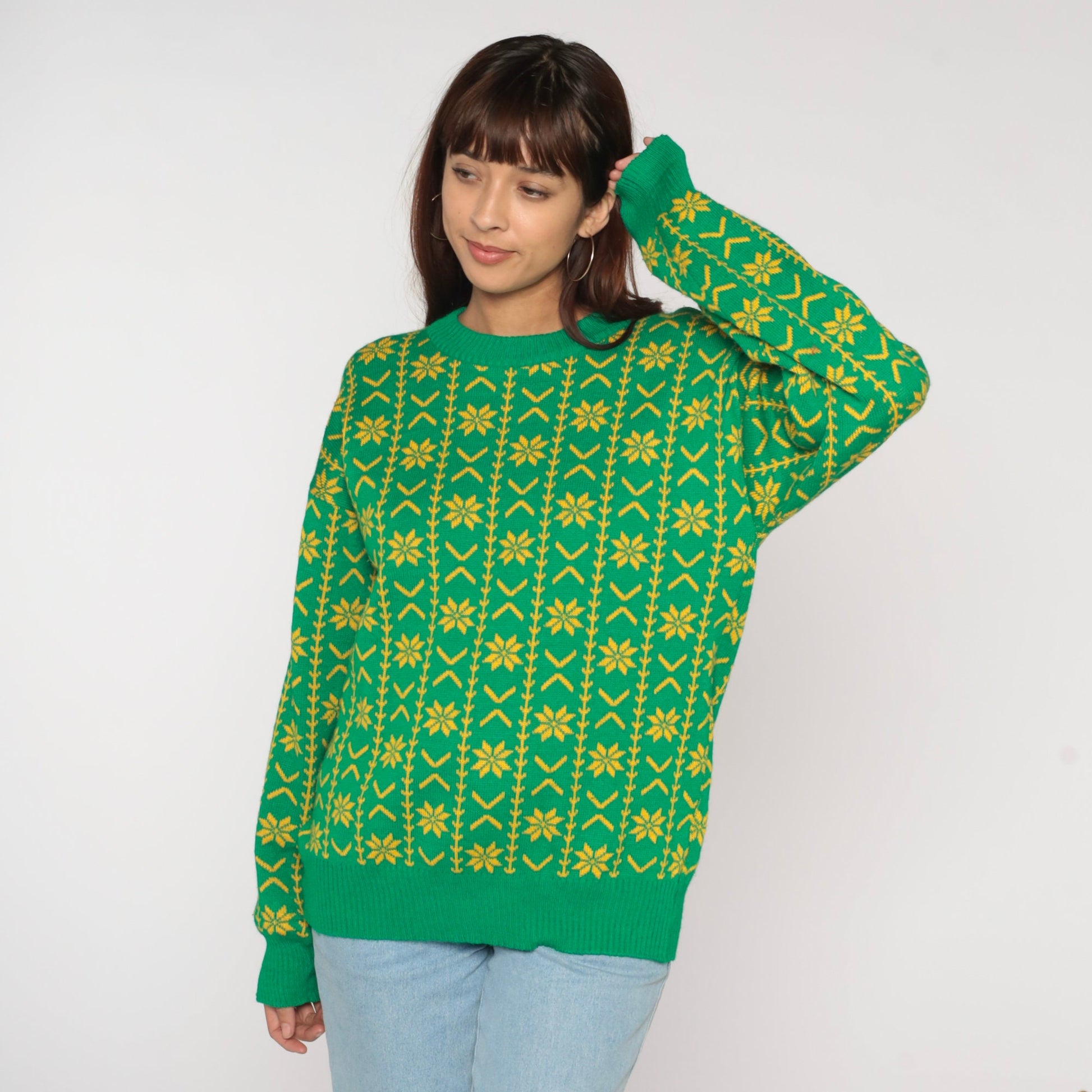 90s Green Fair Isle Snowflake Sweater Yellow Geometric Knit Crewneck Large L