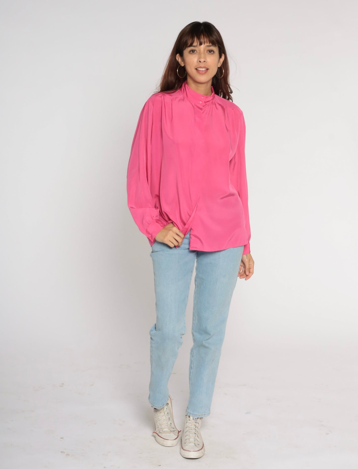 90s Hot Pink Balloon Sleeve Button-Up Blouse Large L