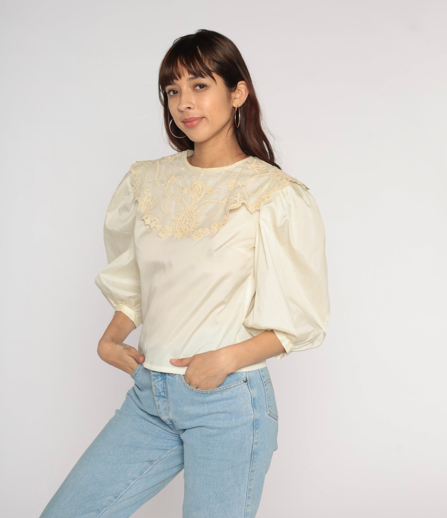 80s Puff Sleeve Blouse Beige Lace Bib Victorian Zip Back Small