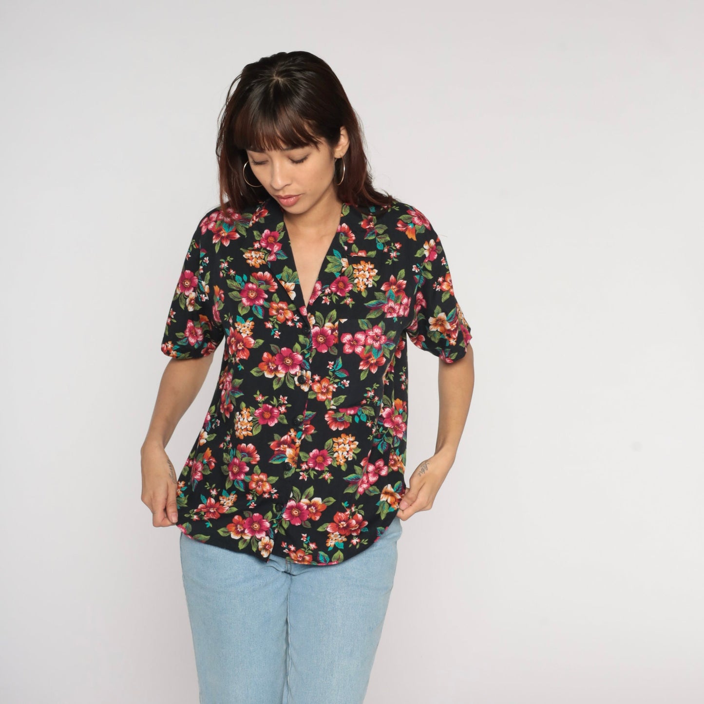 Y2K Black Floral Button-Up Blouse Short Sleeve Collared Shirt Medium M