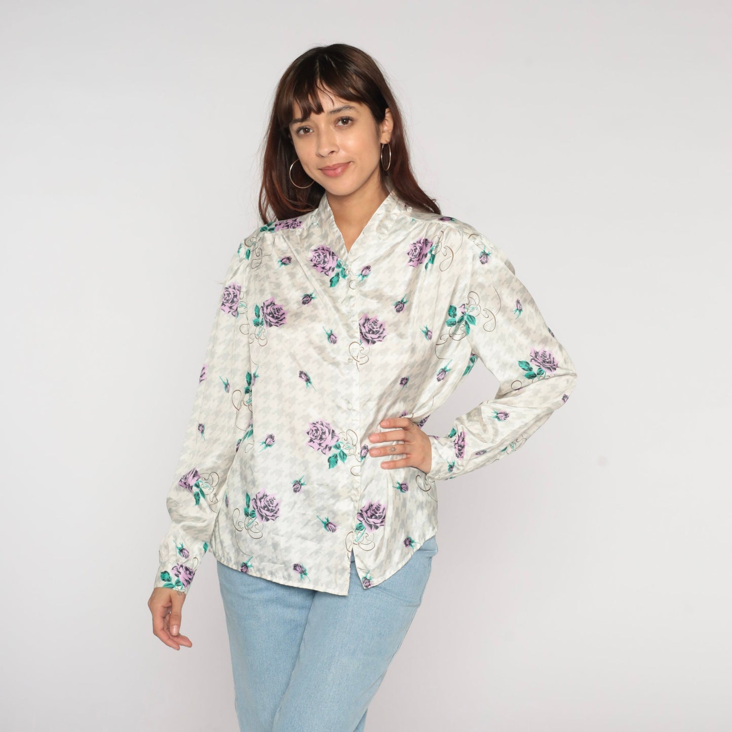 90s Houndstooth Floral Button-Up Blouse Long Sleeve White Grey Purple Medium