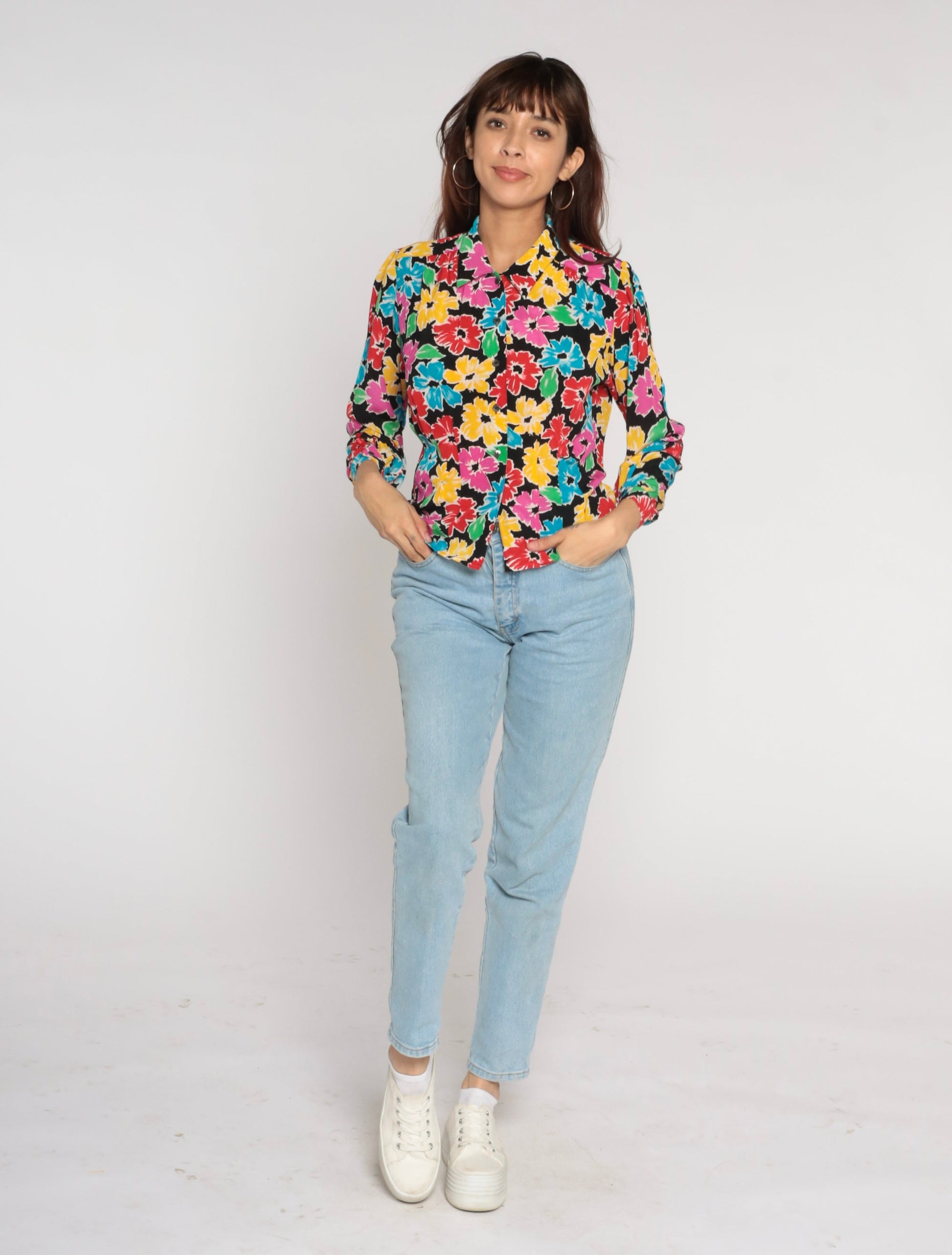 90s Liz Claiborne Floral Button Up Blouse Black Colorful Print Long Sleeve Small
