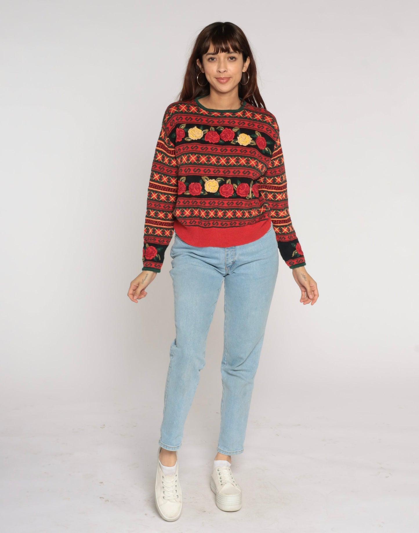 90s Herman Geist Black Red Floral Embroidered Argyle Knit Sweater Large L