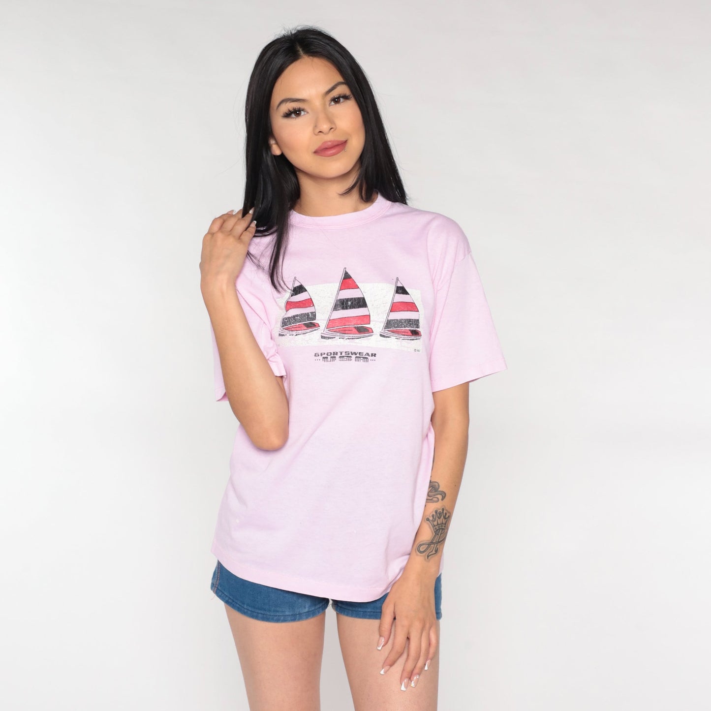 90s Sailboat Graphic Tee Pink Nautical Single Stitch Sportswear Medium