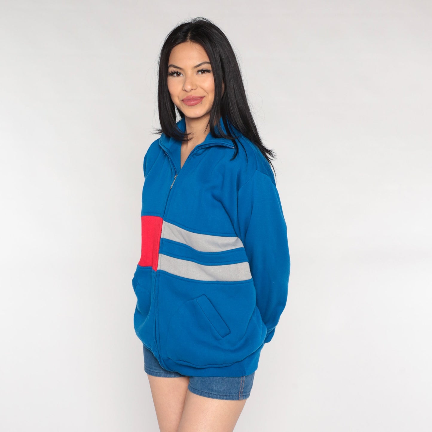 80s Royal Blue Track Jacket Red Grey Striped Zip Sweatshirt Medium