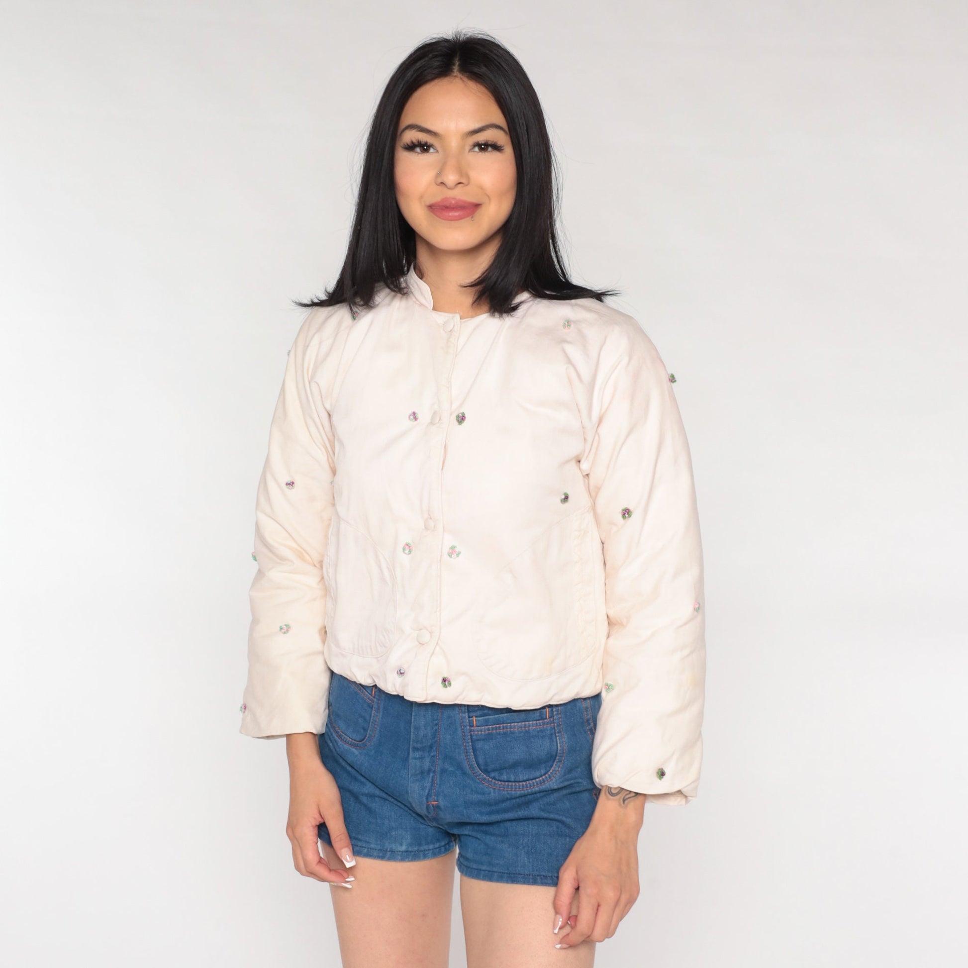 80s Quilted Floral Appliqué Cropped Jacket Off-White Mandarin Collar Extra Small