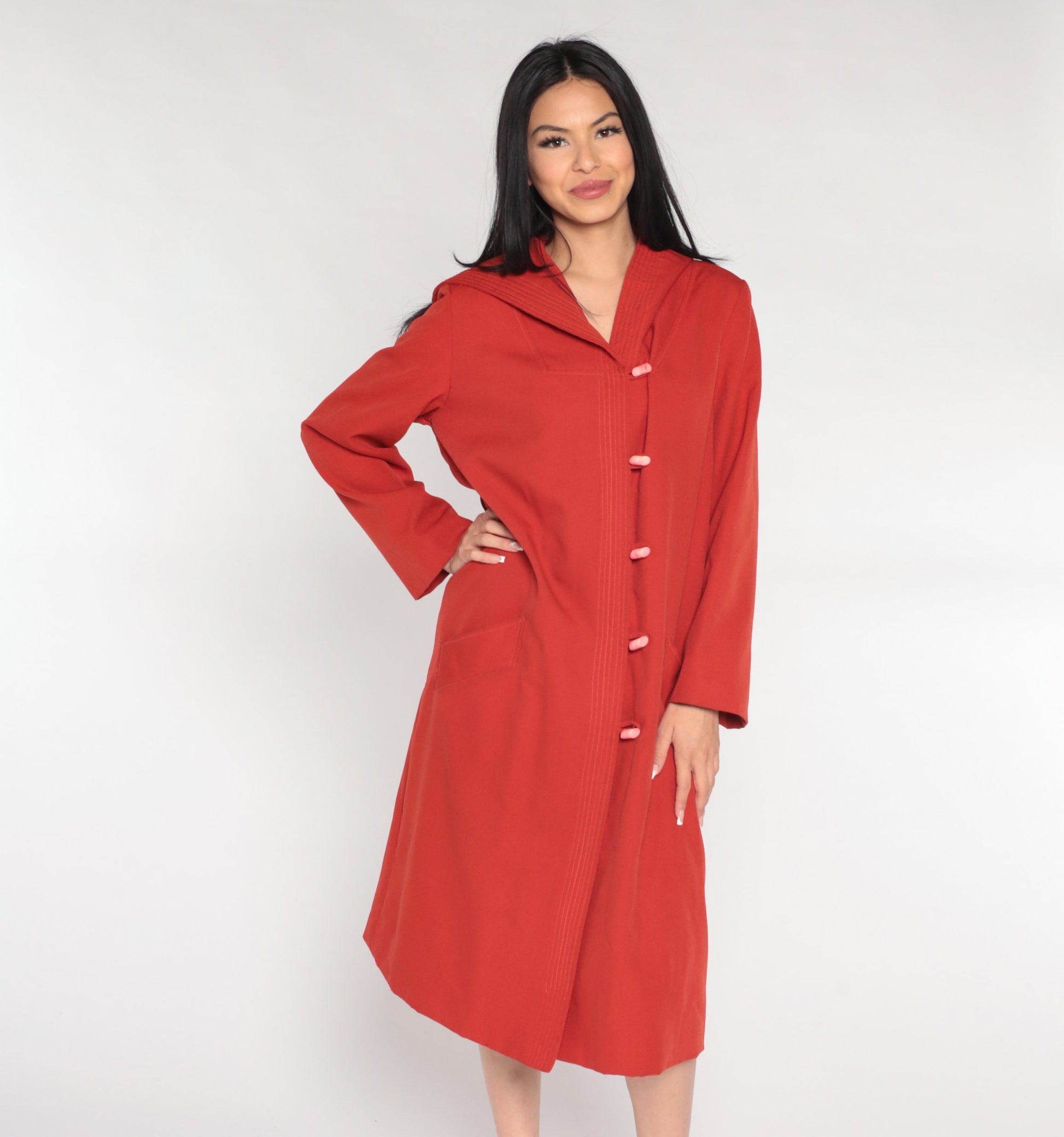 70s Rust Red Hooded Jacket Toggle Button Long Coat Medium