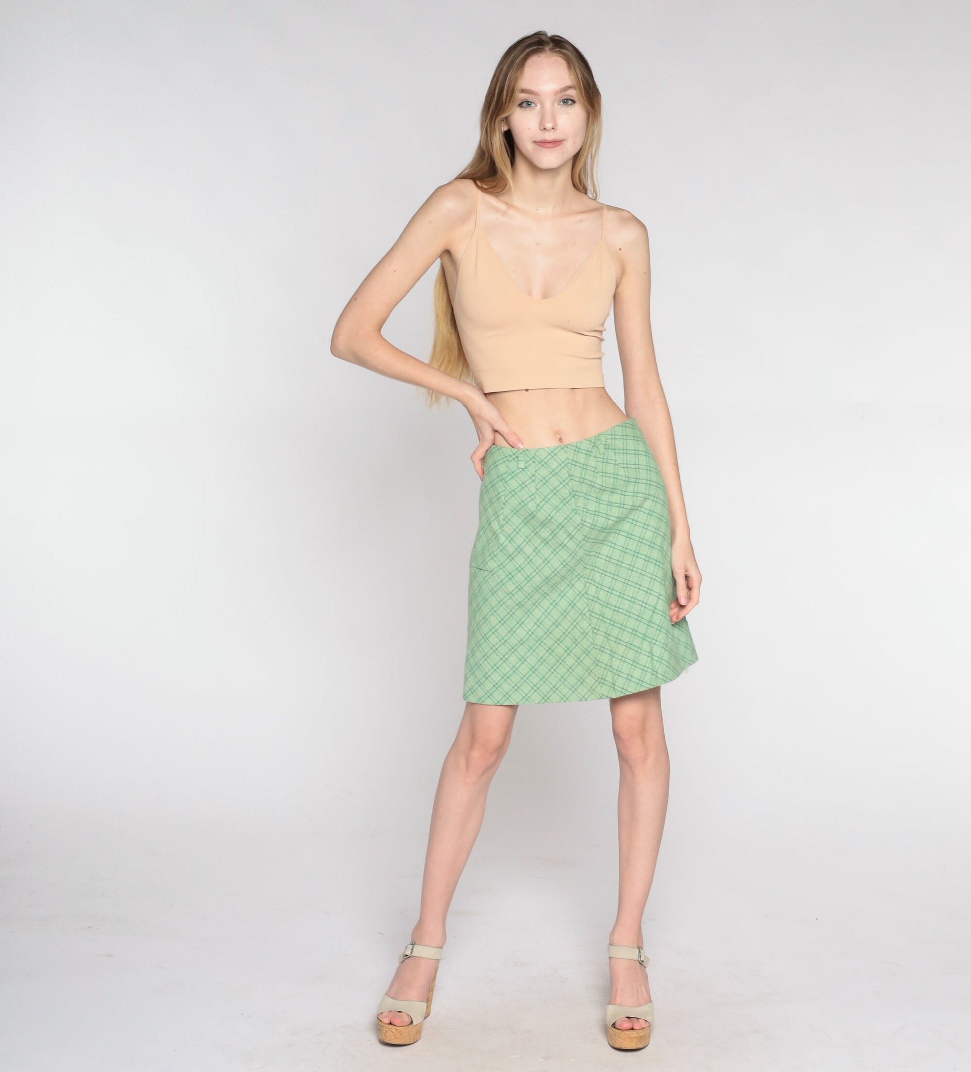 60s Green Checkered Mini Skirt High Waist Pencil Cut Small