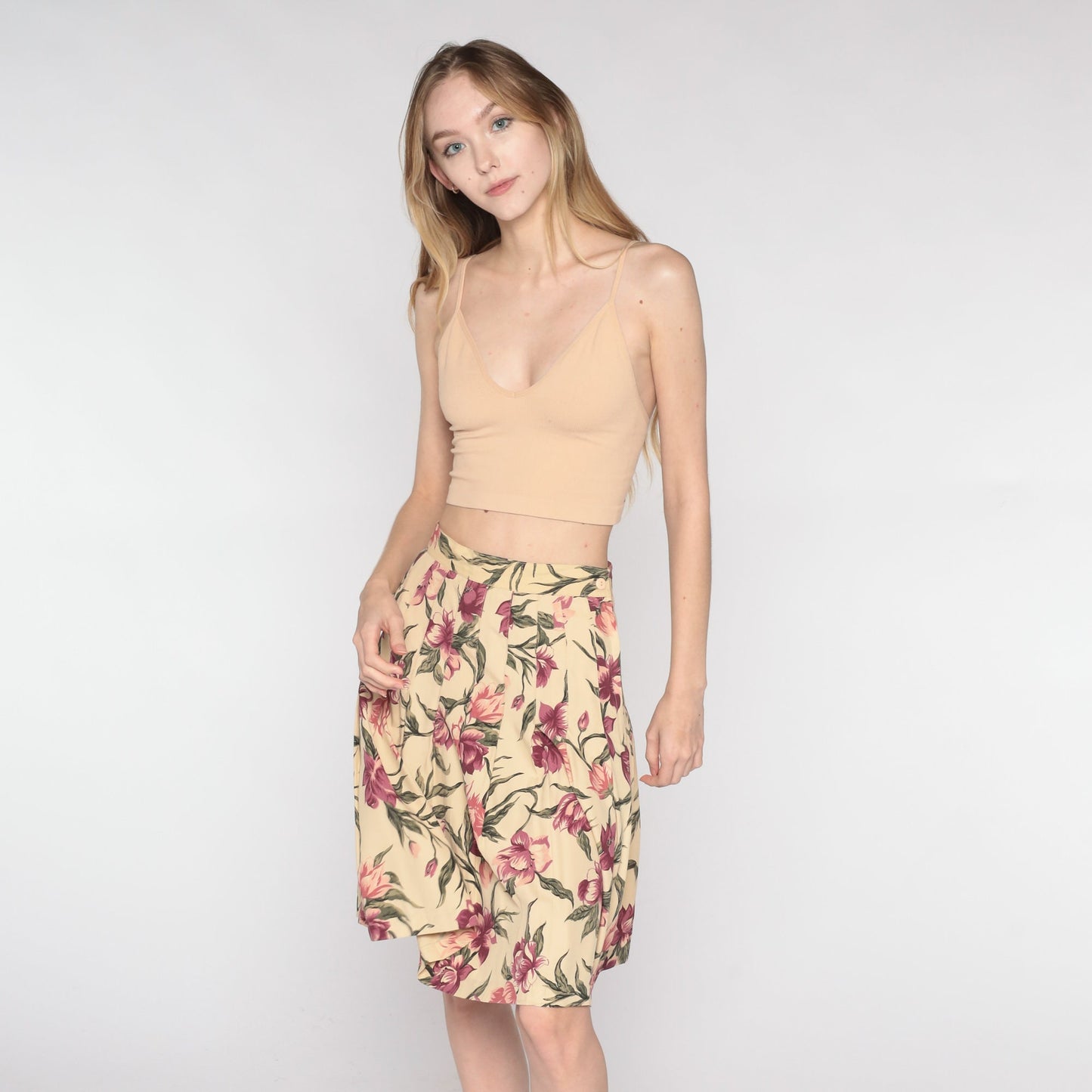 90s Floral Pleated Skirt High Waist Knee Length Yellow Pink Extra Small