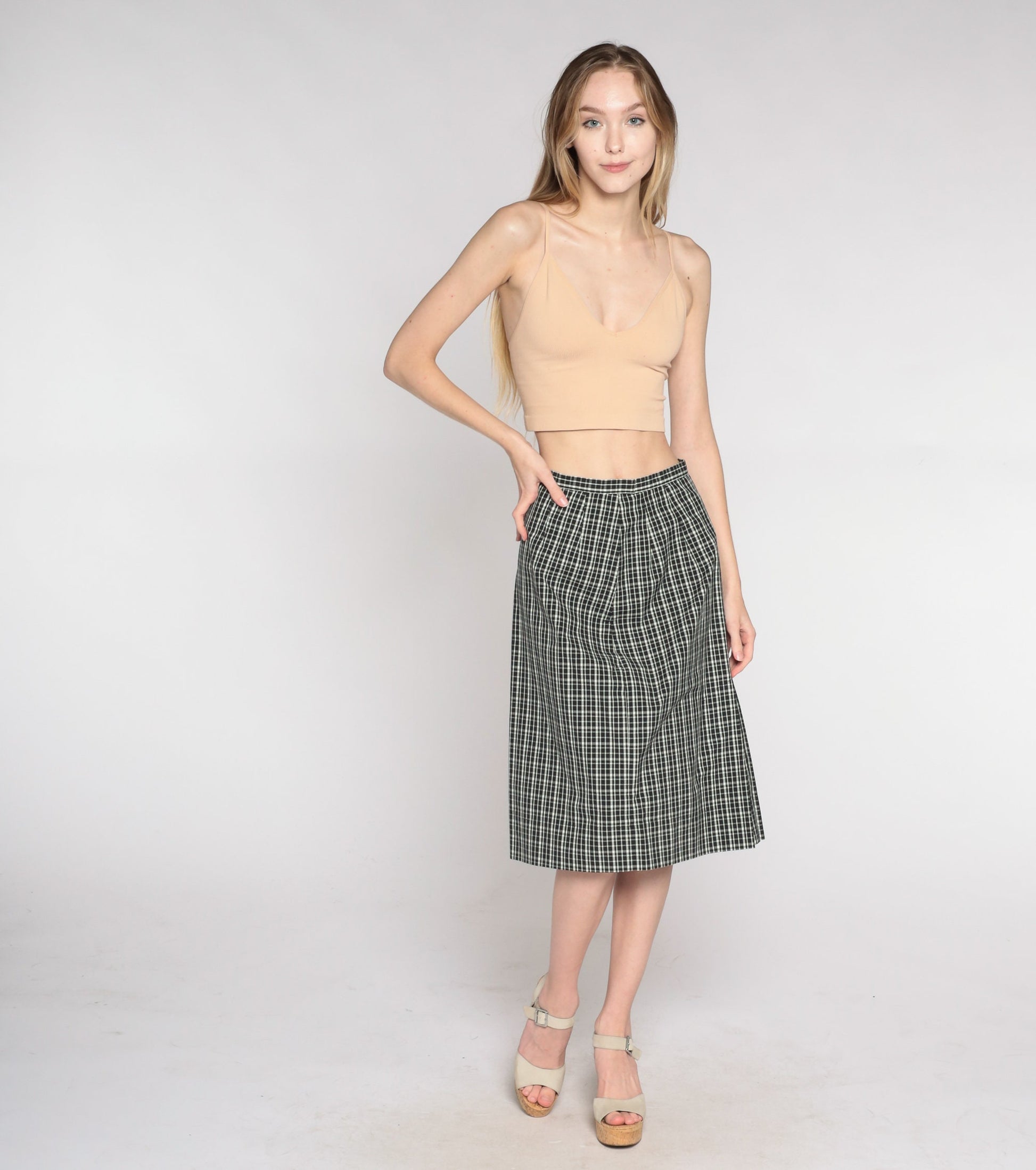 90s White Stag Black White Checkered Knee-Length Skirt Small