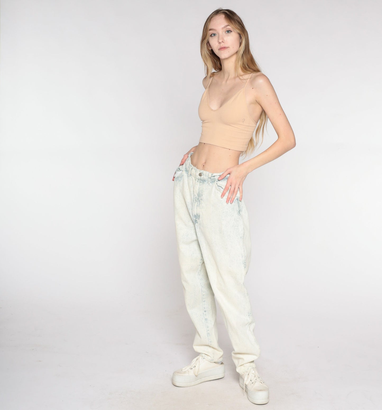 90s Acid Wash High-Waisted Jeans Light Blue Denim Relaxed Fit Small S