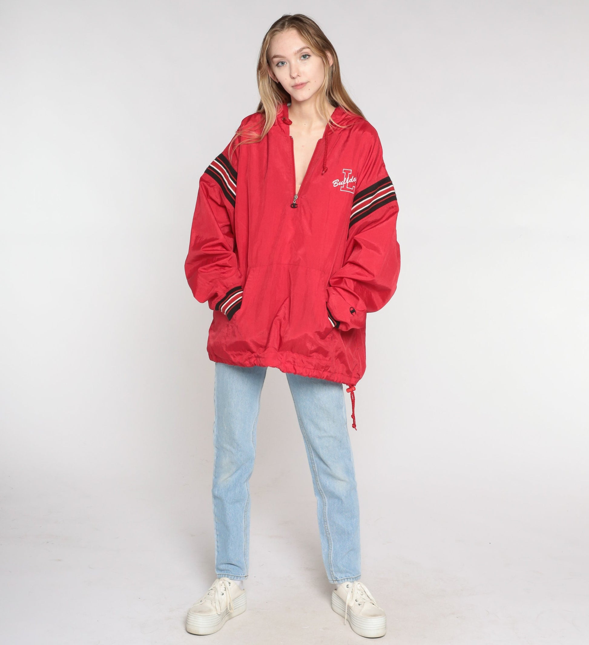 90s Champion Bulldogs Hooded Windbreaker Quarter Zip Red Black White XXL