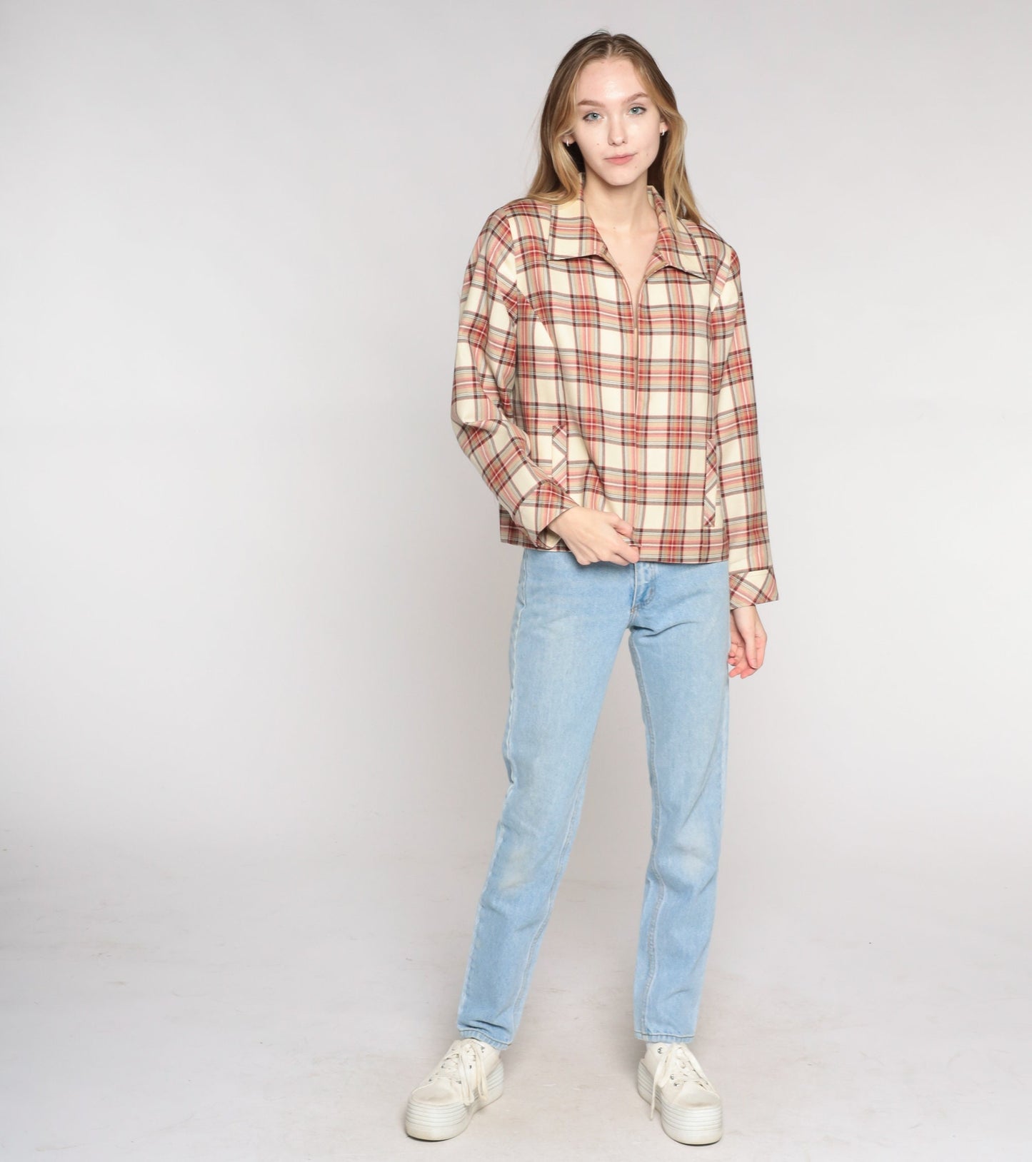 Pendleton Plaid Wool Zip Jacket Cream Red Checkered Collared Coat Large L