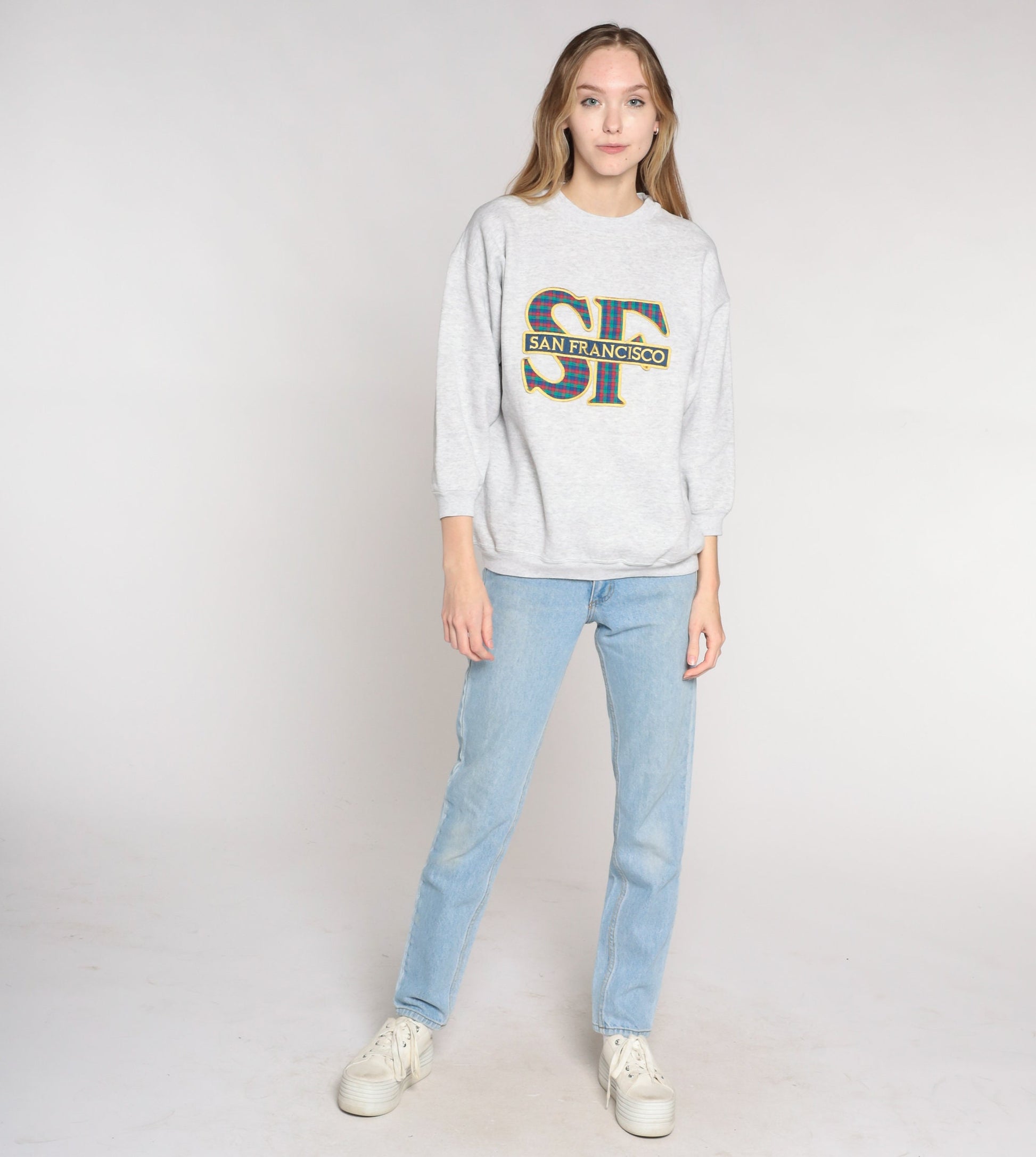 Y2K San Francisco Plaid Sweatshirt Heather Grey 3/4 Sleeve Crewneck Medium Large