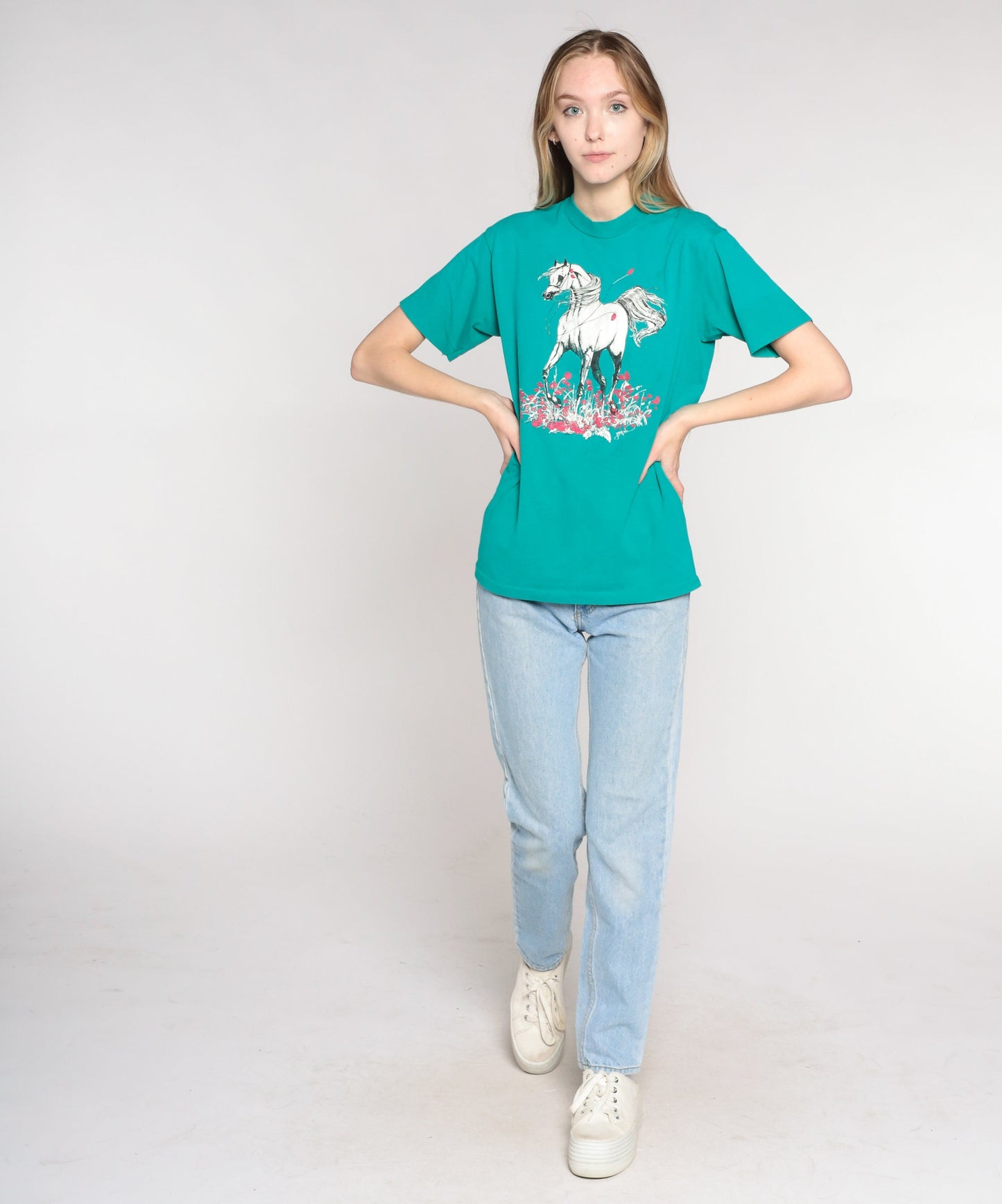 90s Glitter Horse Floral Graphic Tee Teal Green Single Stitch Small