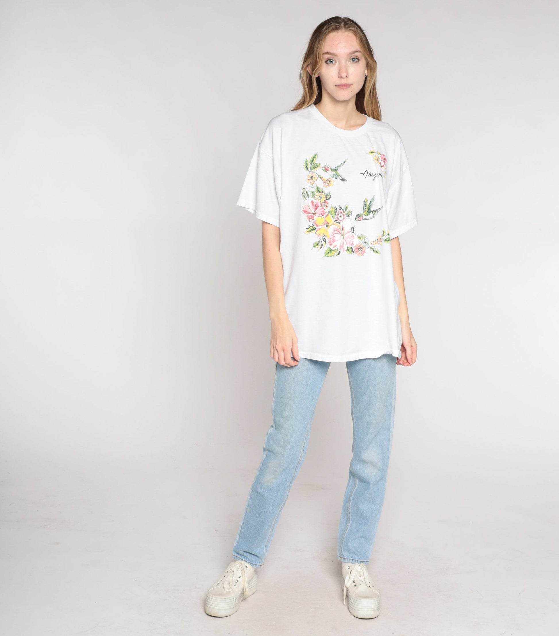00s Arizona Hummingbird Floral Graphic T-Shirt White Cotton Blend Extra Large XL
