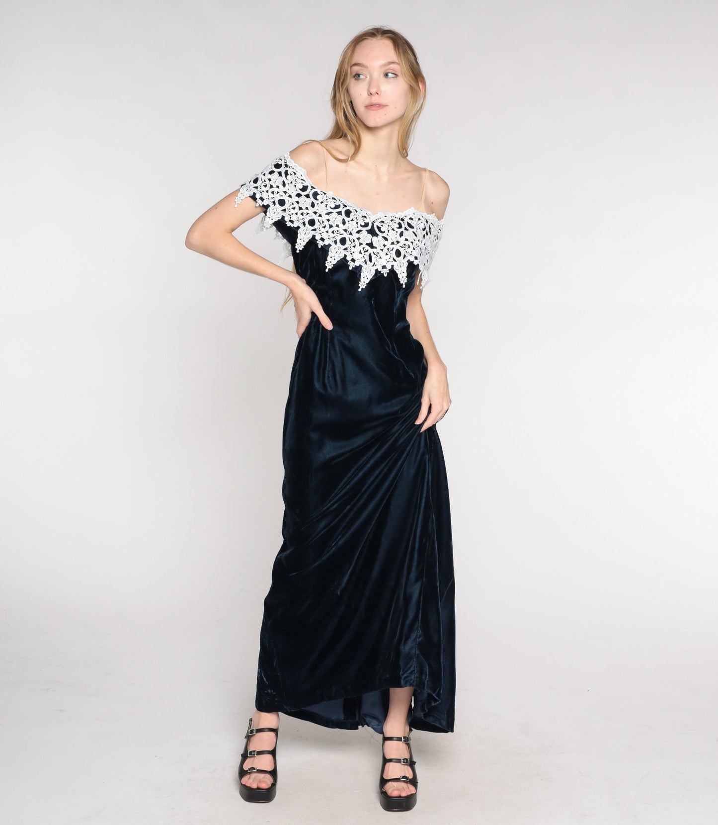 90s Navy Velvet Maxi Dress Off-Shoulder White Lace Trim Small