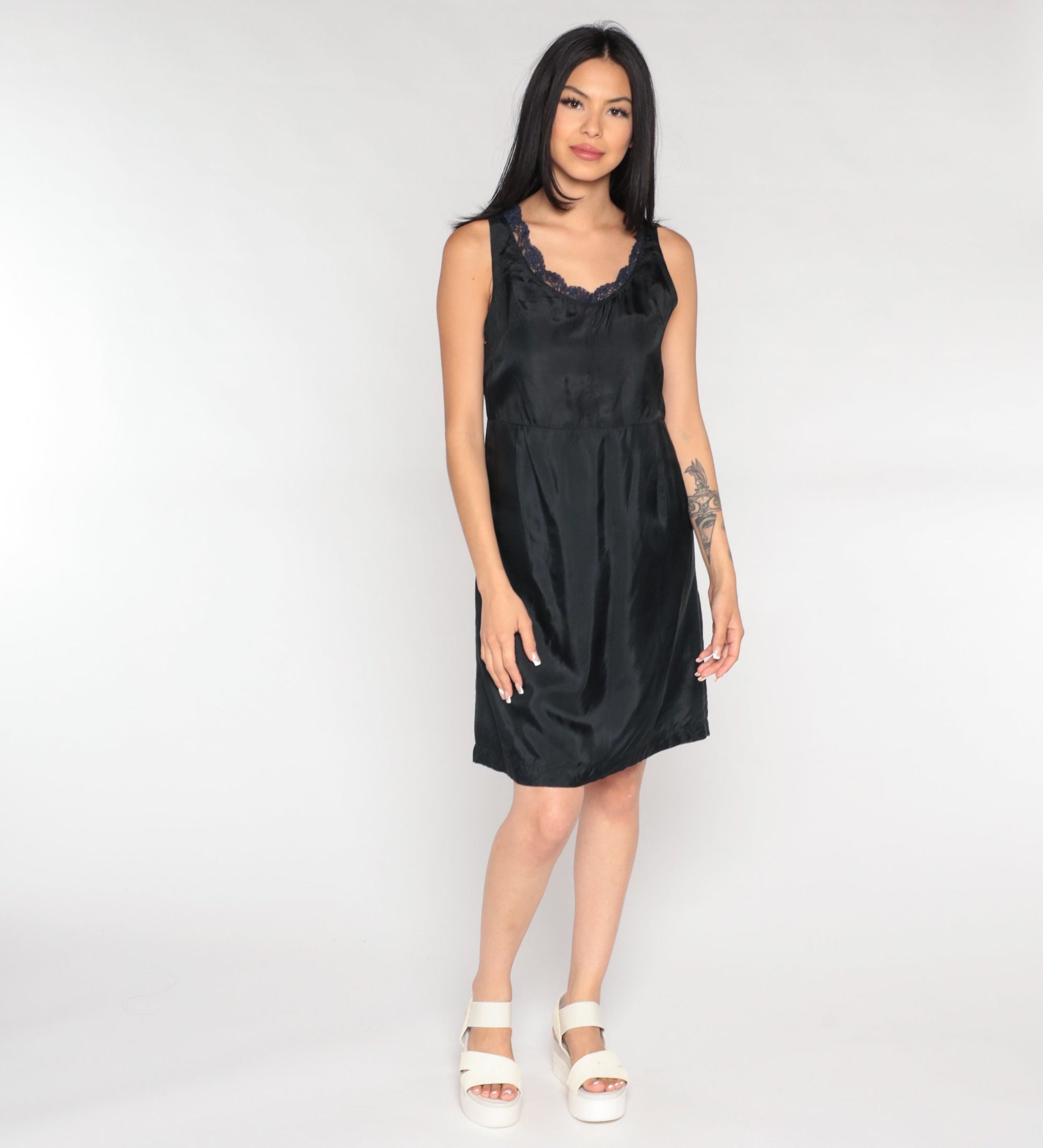 60s Black Slip Dress Blue Lace Trim Mini Nylon Nightgown Small S