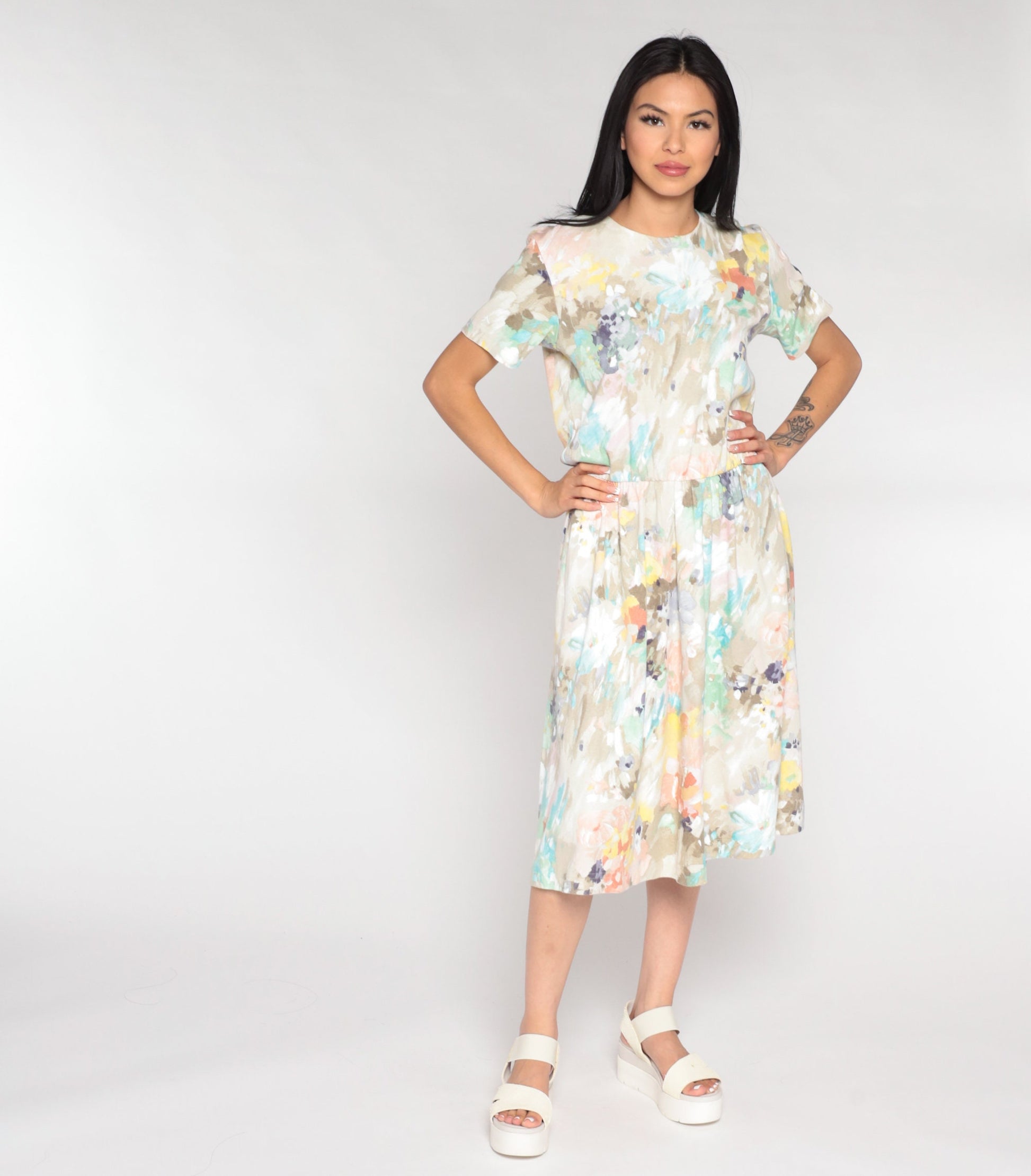 80s Watercolour Floral Midi Dress High Waist Short Sleeve Brown White Medium