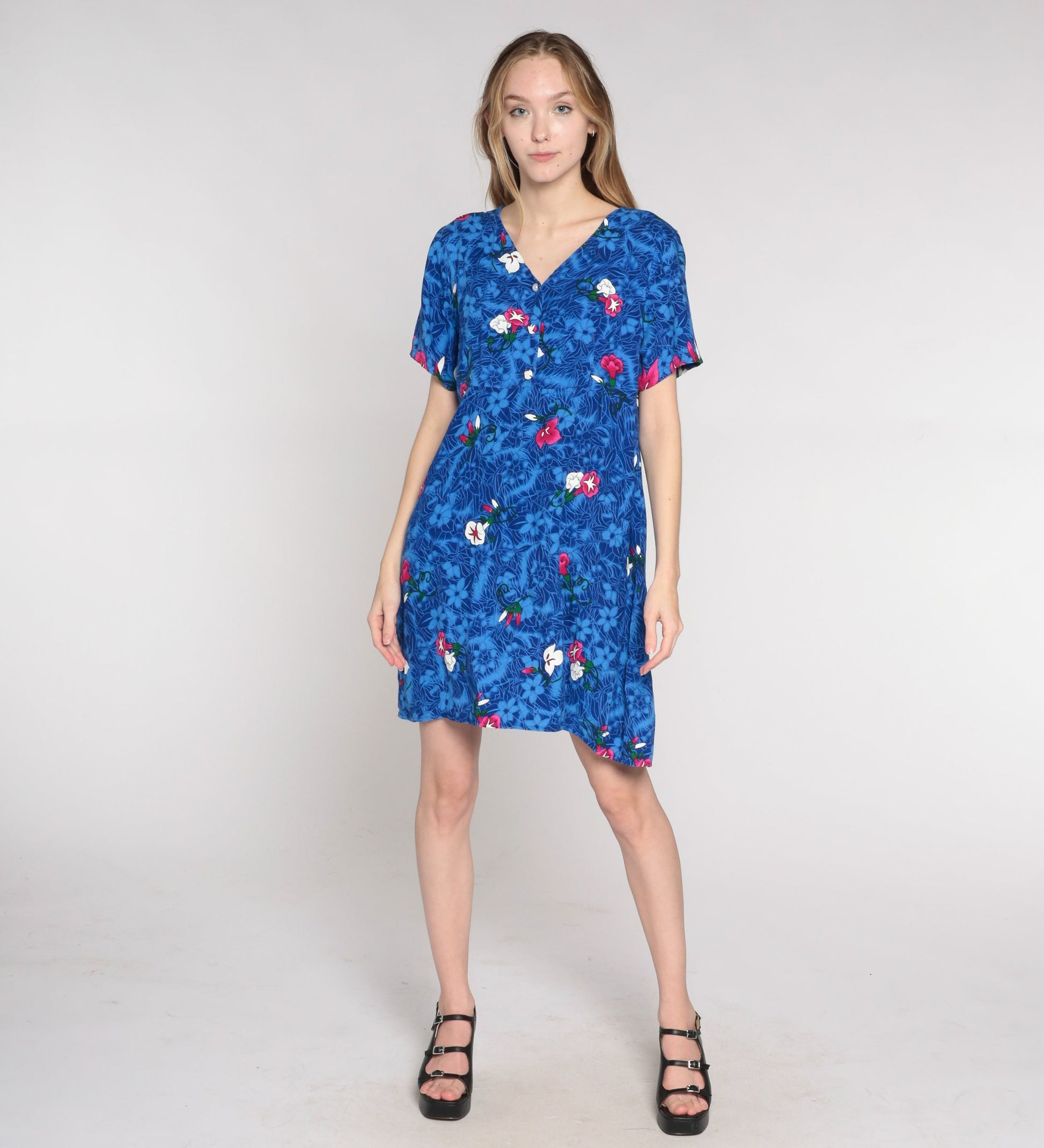 Y2K Tropical Floral Mini Dress Blue Rayon Empire Waist V-Neck Medium M
