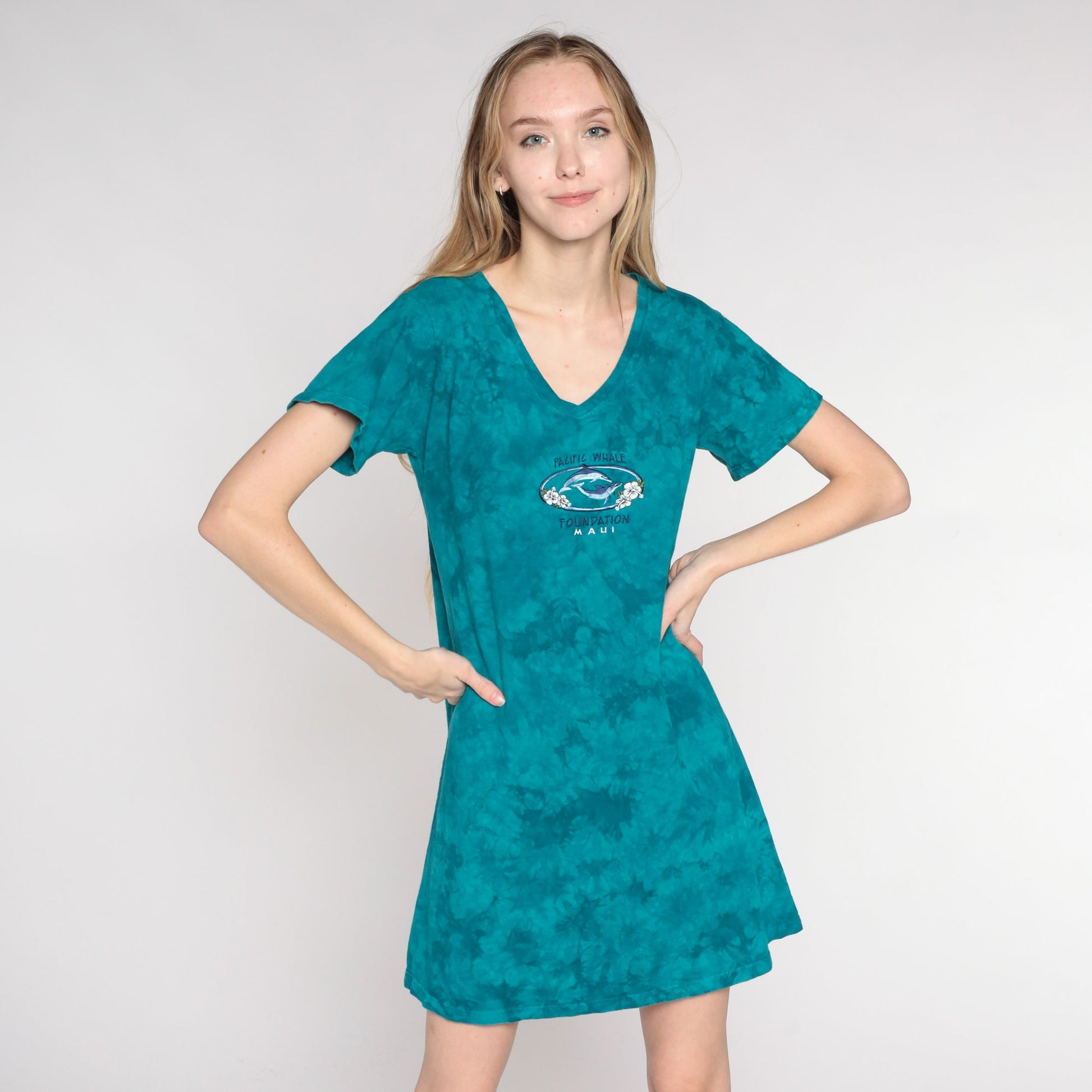 Y2K Tie Dye Pacific Whale Foundation Maui Mini Dress Blue-Green Cotton Medium