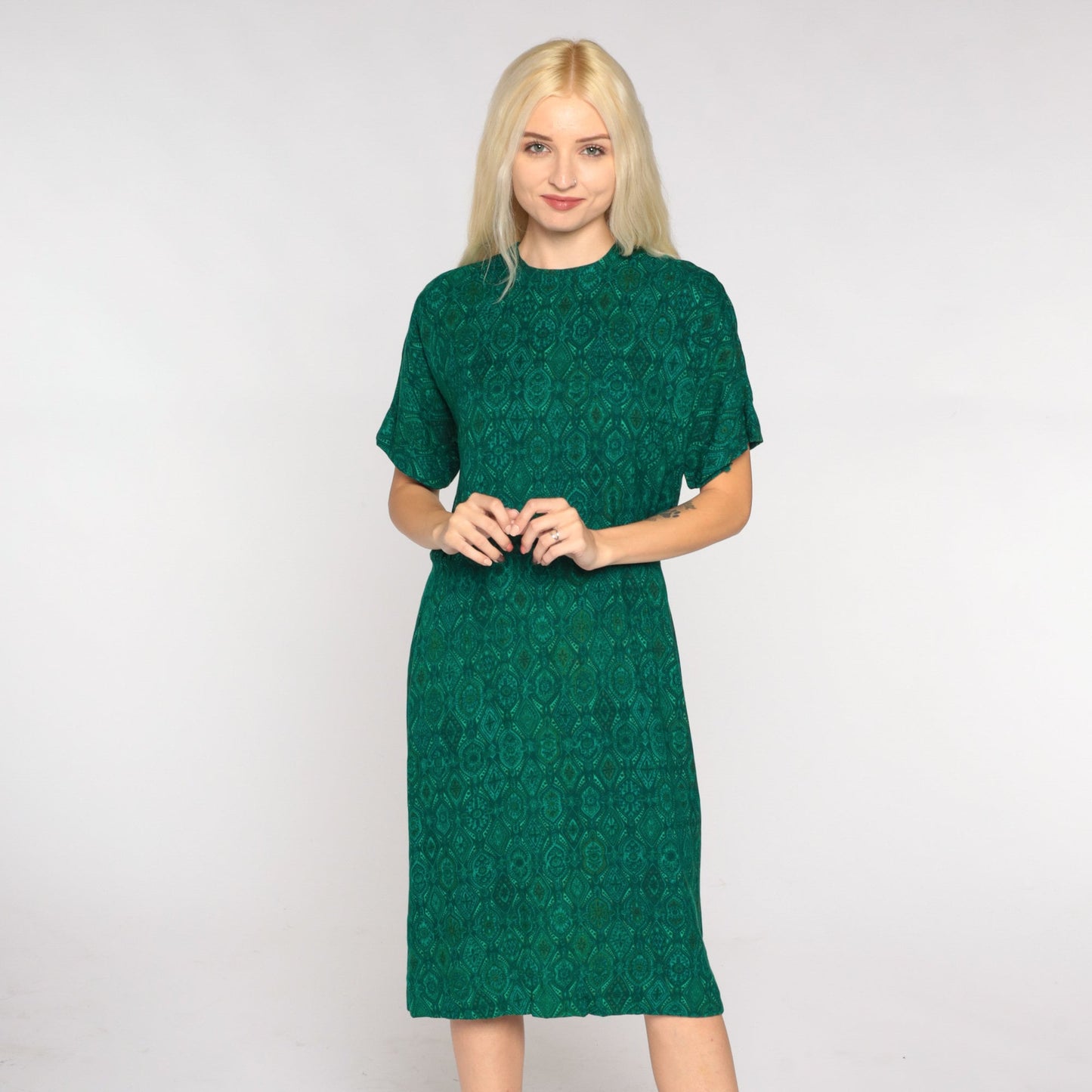 60s Green Tile Print Shift Dress Knee Length Short Sleeve Small