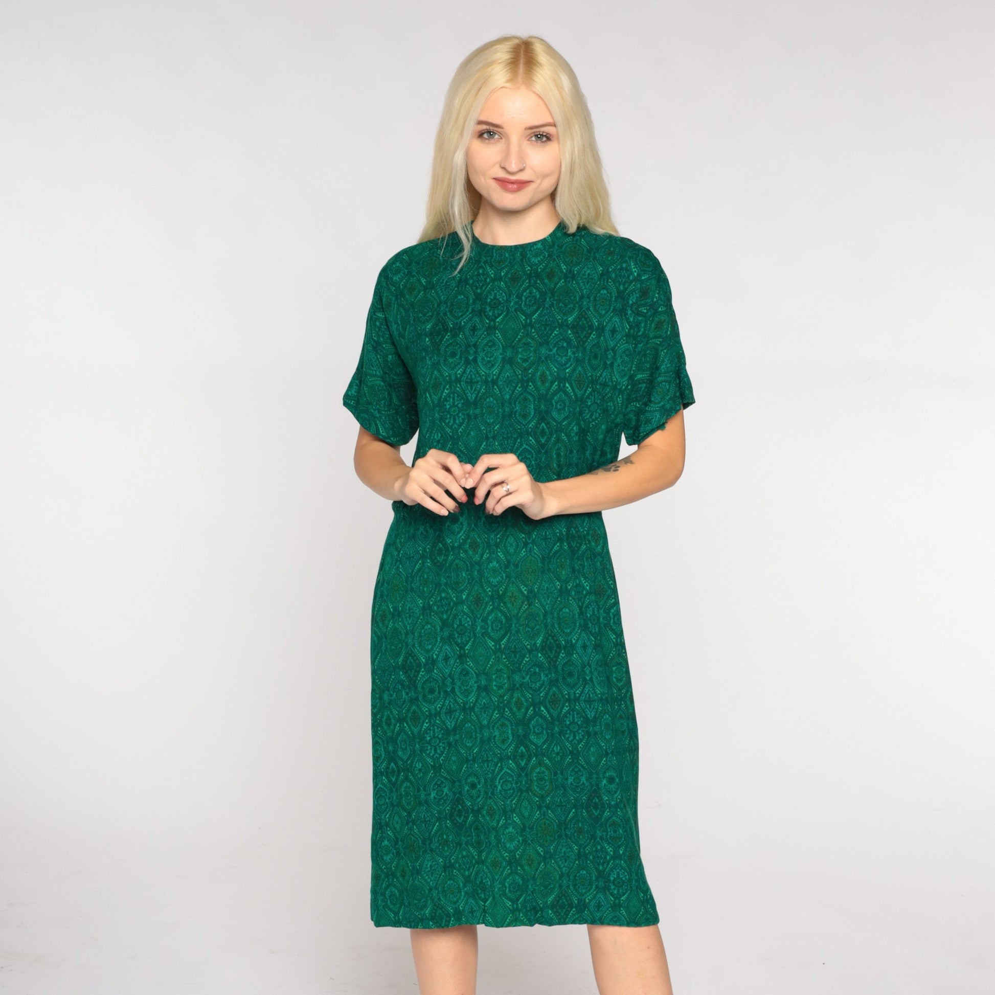 60s Green Tile Print Shift Dress Knee Length Short Sleeve Small