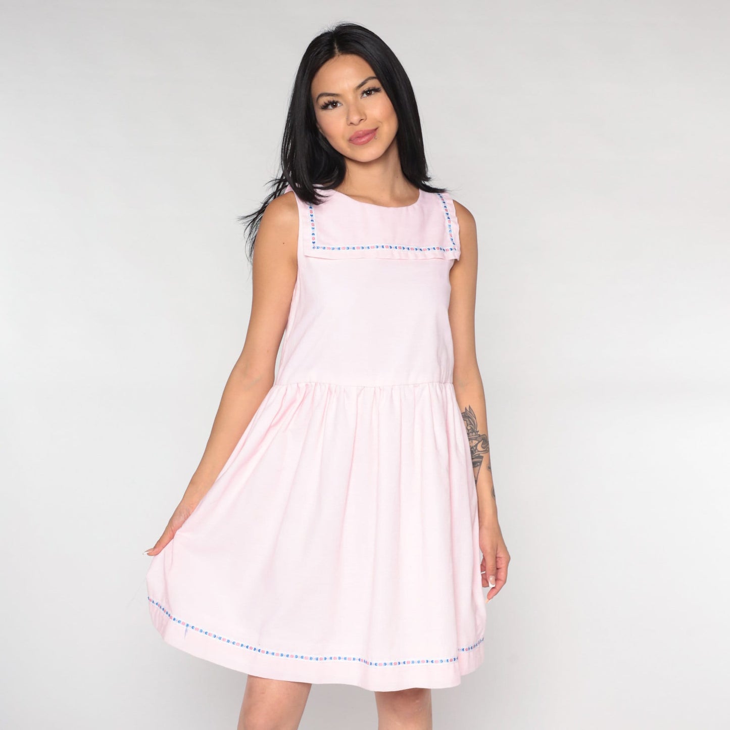 60s Sailor Collar Mini Dress Baby Pink High Waist Cotton Blend Extra Small