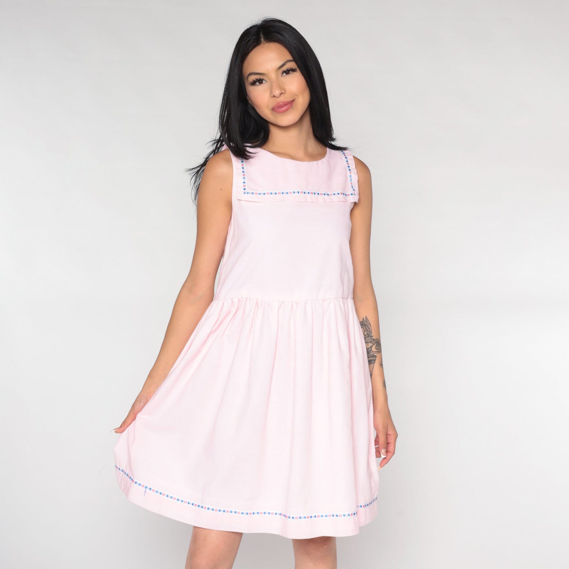 60s Sailor Collar Mini Dress Baby Pink High Waist Cotton Blend Extra Small