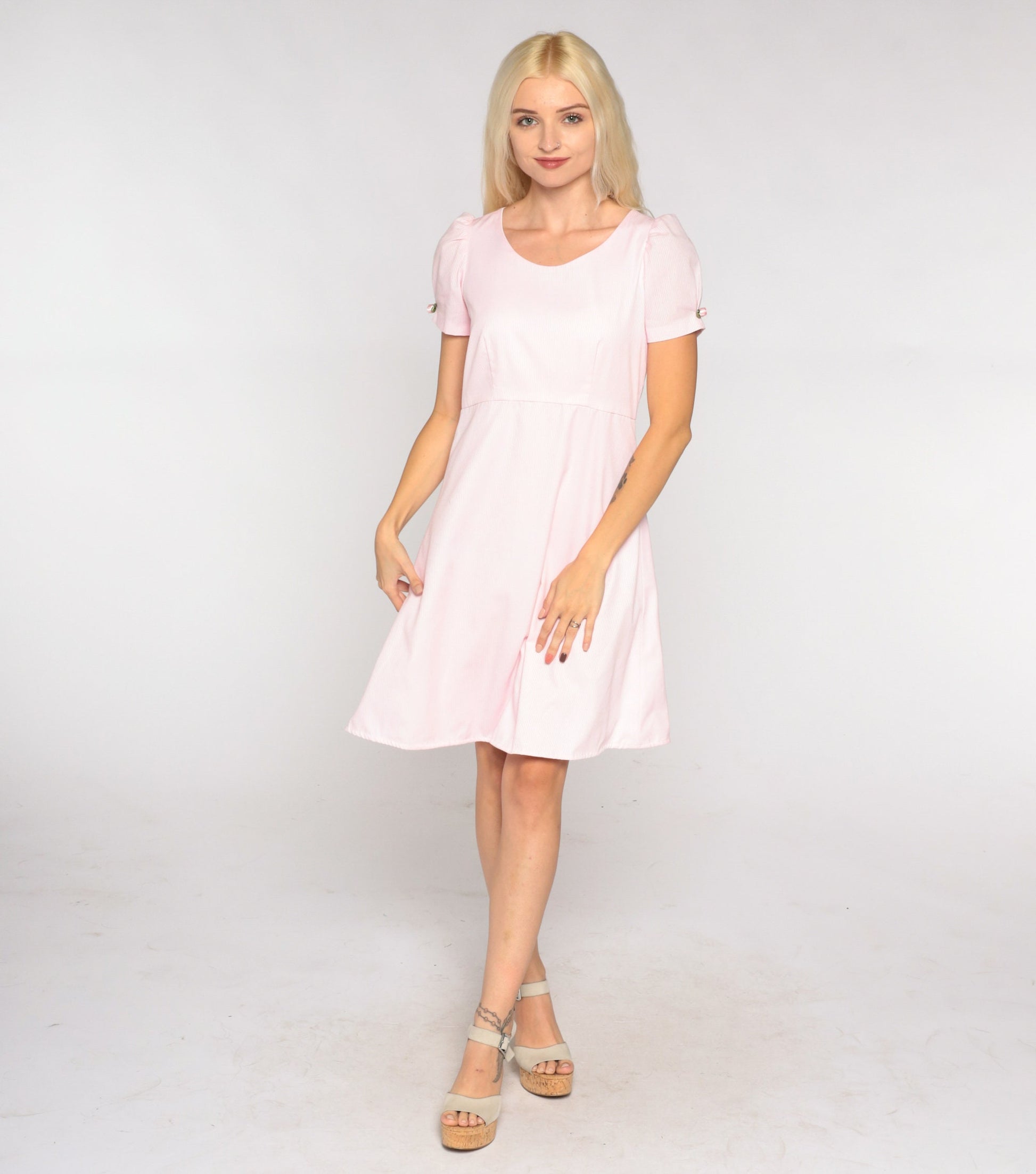 80s Baby Pink Mini Dress Empire Waist Puff Sleeve Rosette Extra Small