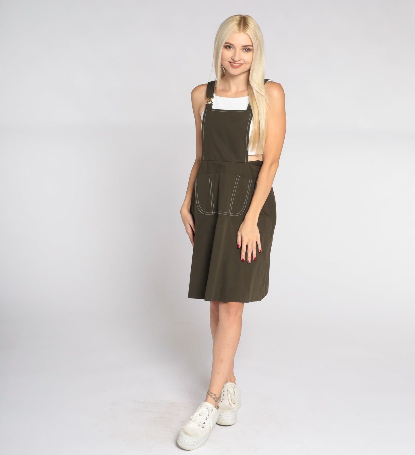 1960s Brown Cotton Overall Mini Dress Bib Pinafore Extra Small