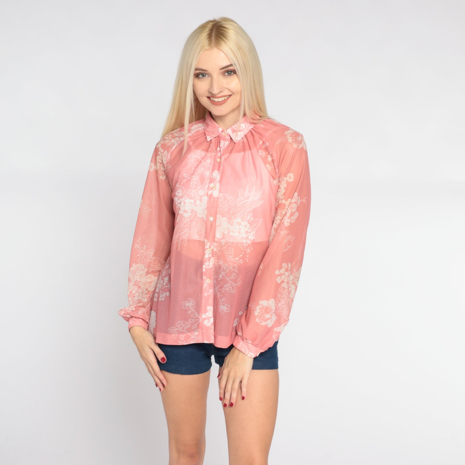 70s Sheer Pink Floral Button-Up Blouse Long Sleeve Collar Medium M