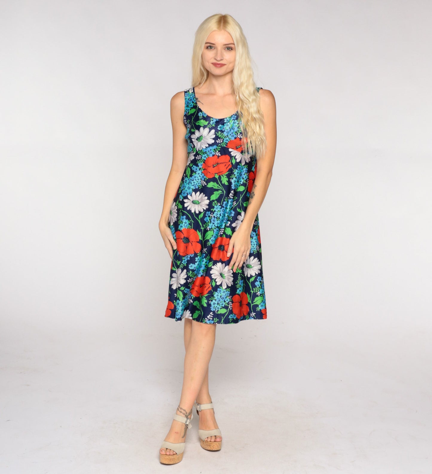 70s Navy Floral Babydoll Mini Dress Empire Waist Sleeveless Extra Small