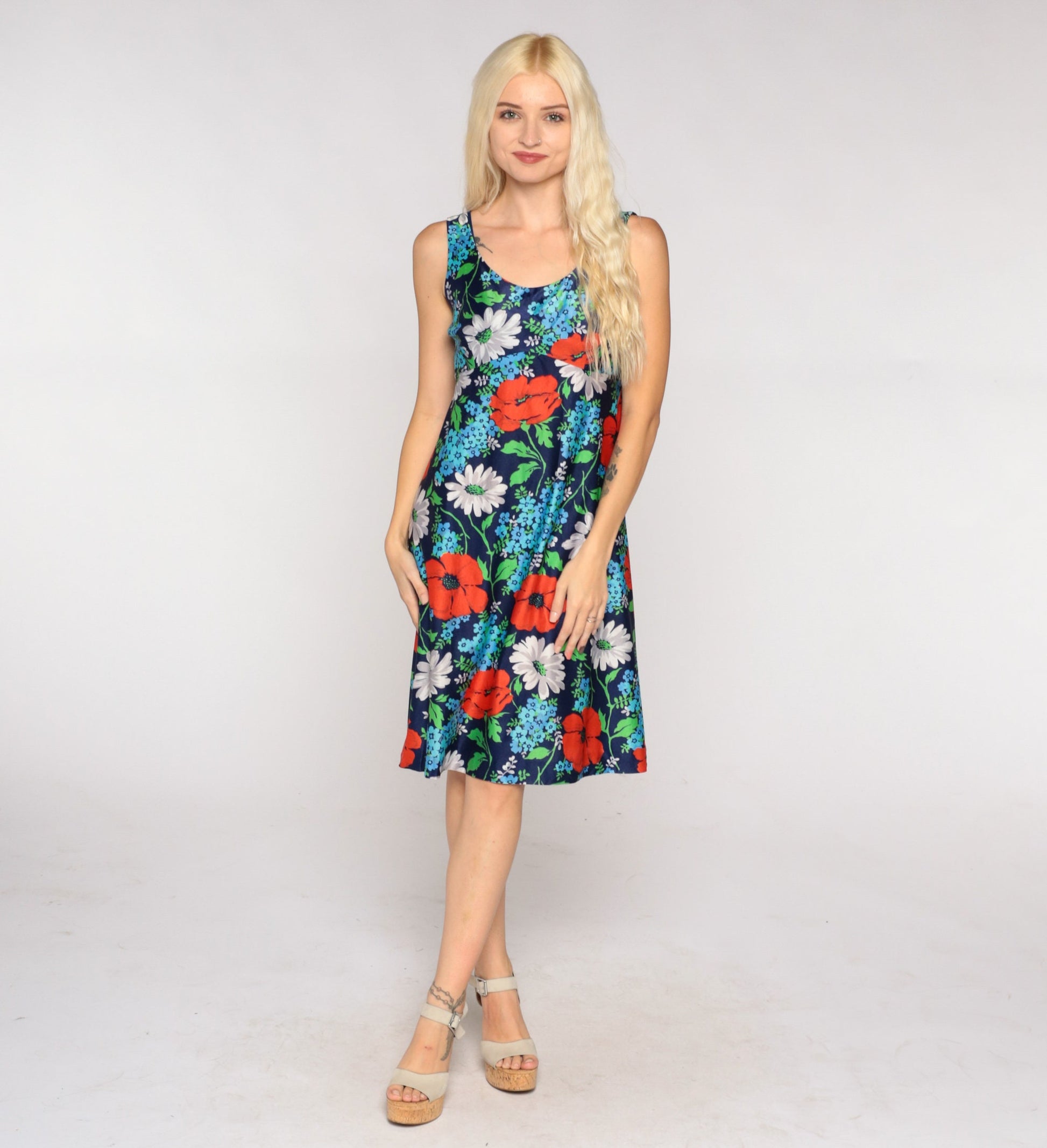 70s Navy Floral Babydoll Mini Dress Empire Waist Sleeveless Extra Small