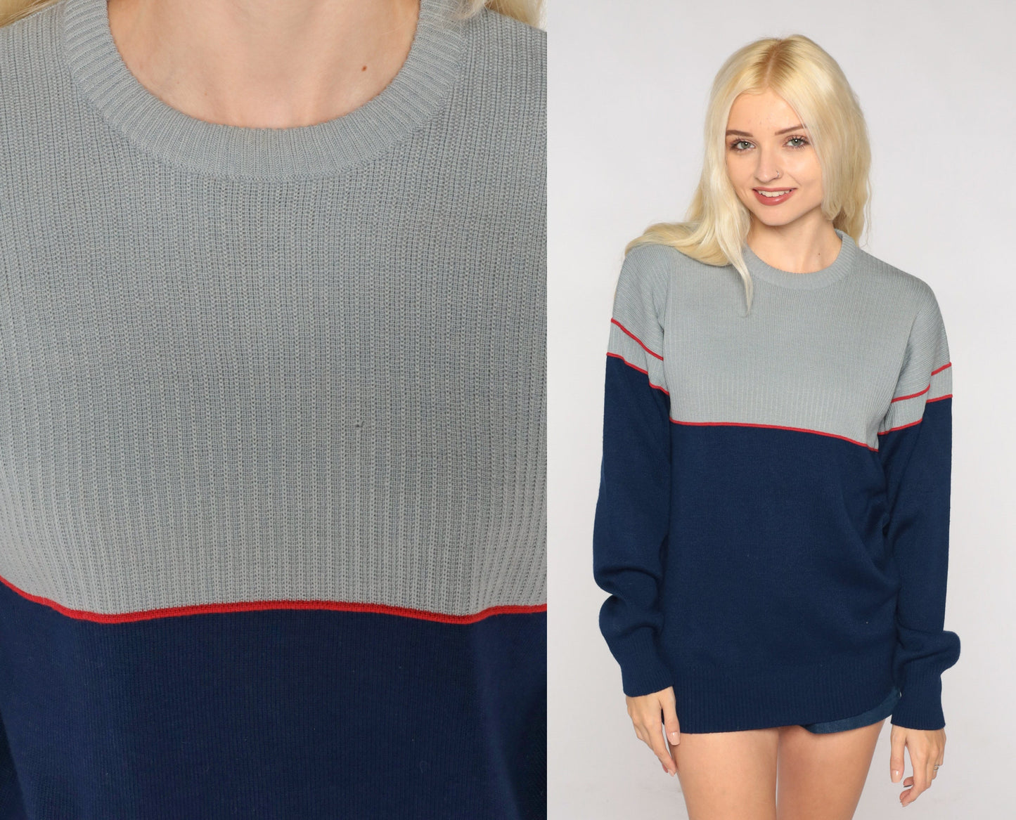 80s Ossi Skiwear Colour Block Wool Blend Sweater Grey Navy Medium