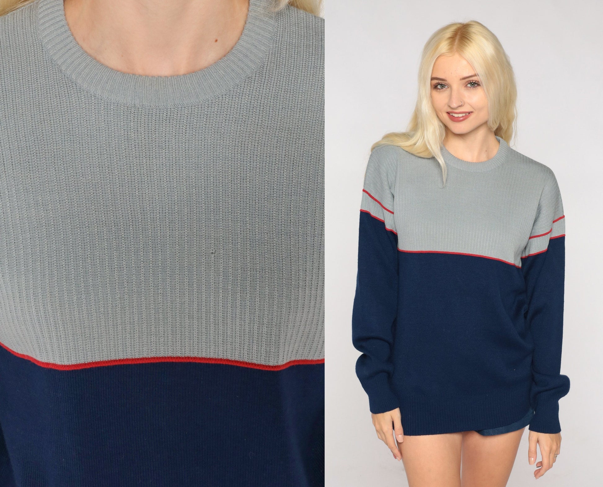 80s Ossi Skiwear Colour Block Wool Blend Sweater Grey Navy Medium