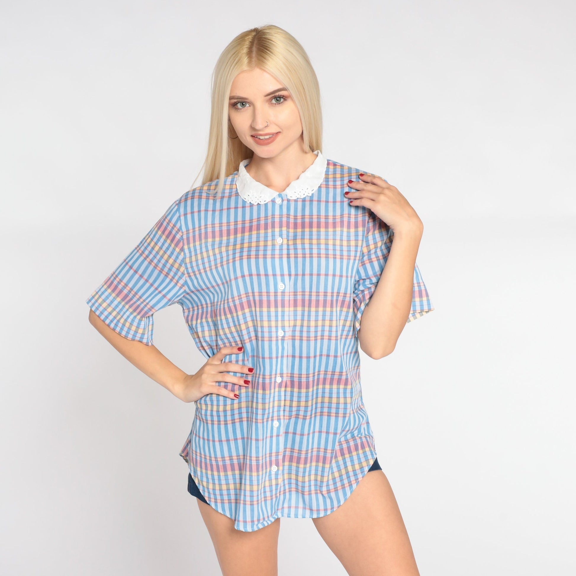 80s Blue Checkered Button-Up Blouse Peter Pan Collar Eyelet Lace Medium Large