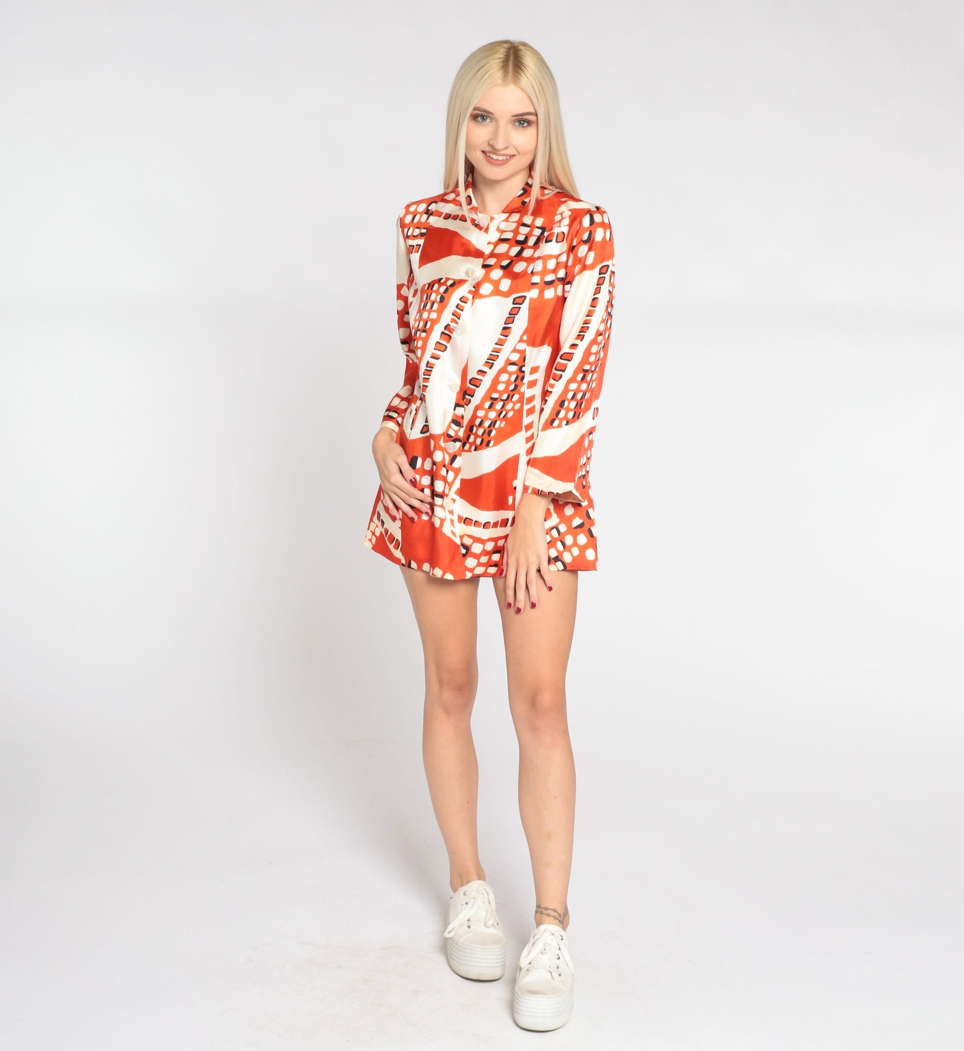 60s Orvieto Creations Blouse Orange White Abstract Dot Print Wide Sleeve Small