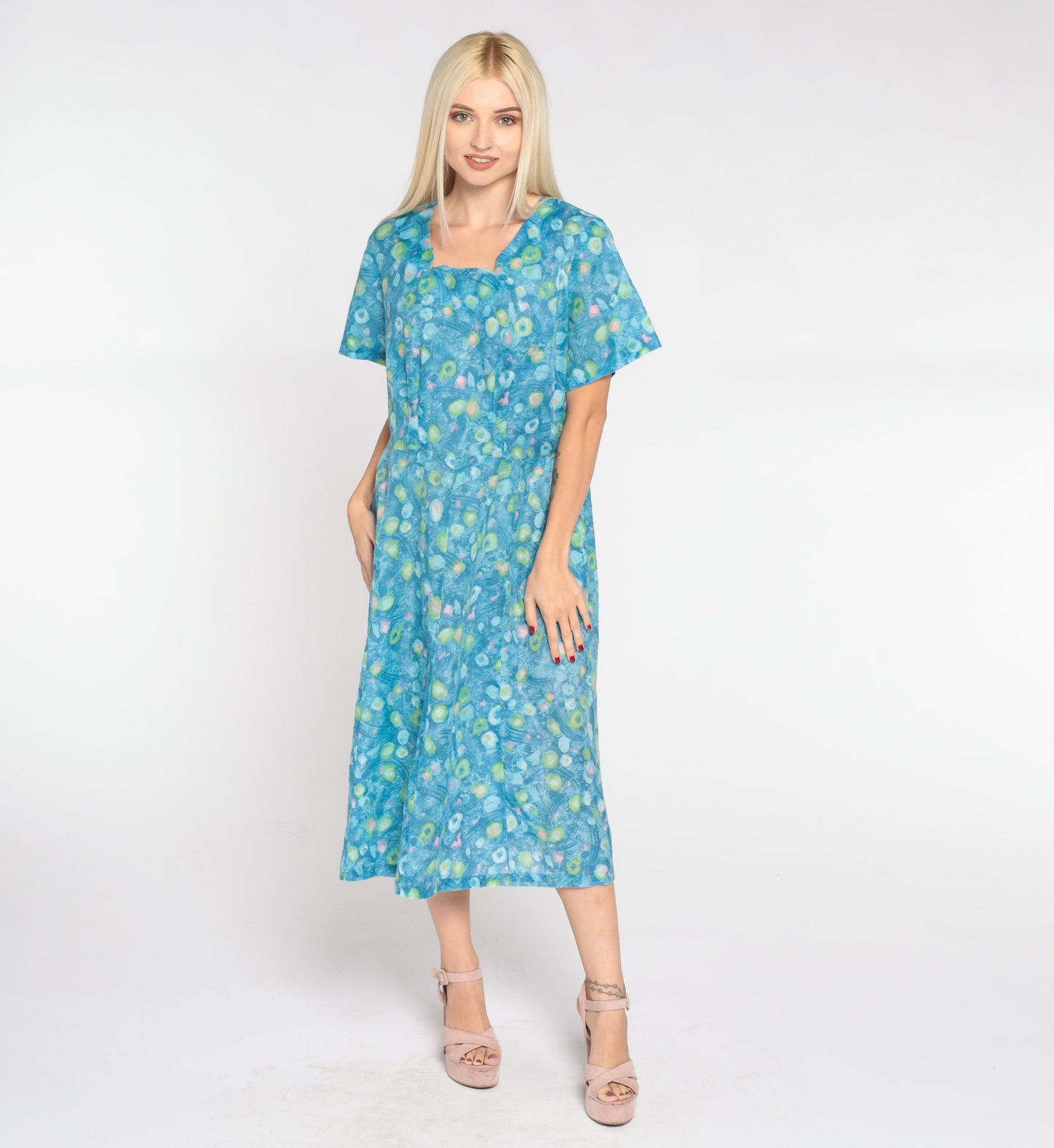 1960s Blue Abstract Dot Midi Dress Short Sleeve High Waist Large L