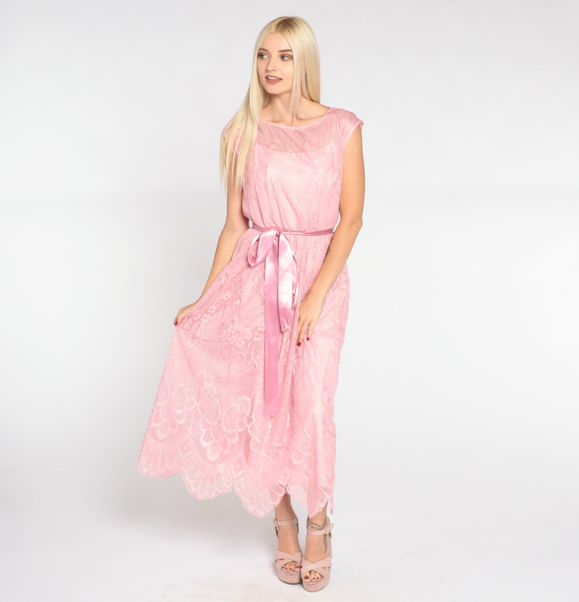 70s Pink Lace Midi Dress Cap Sleeve High Waist Ribbon Bow Scalloped Extra Small