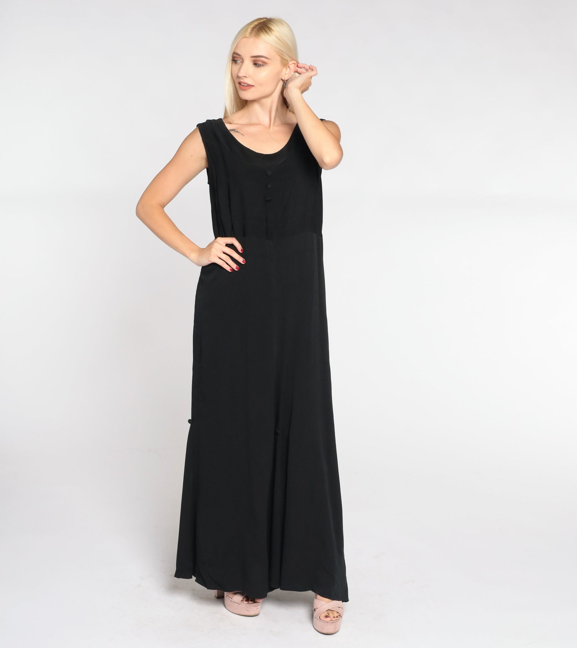 90s Black Maxi Dress Sleeveless High Waist Decorative Buttons Small