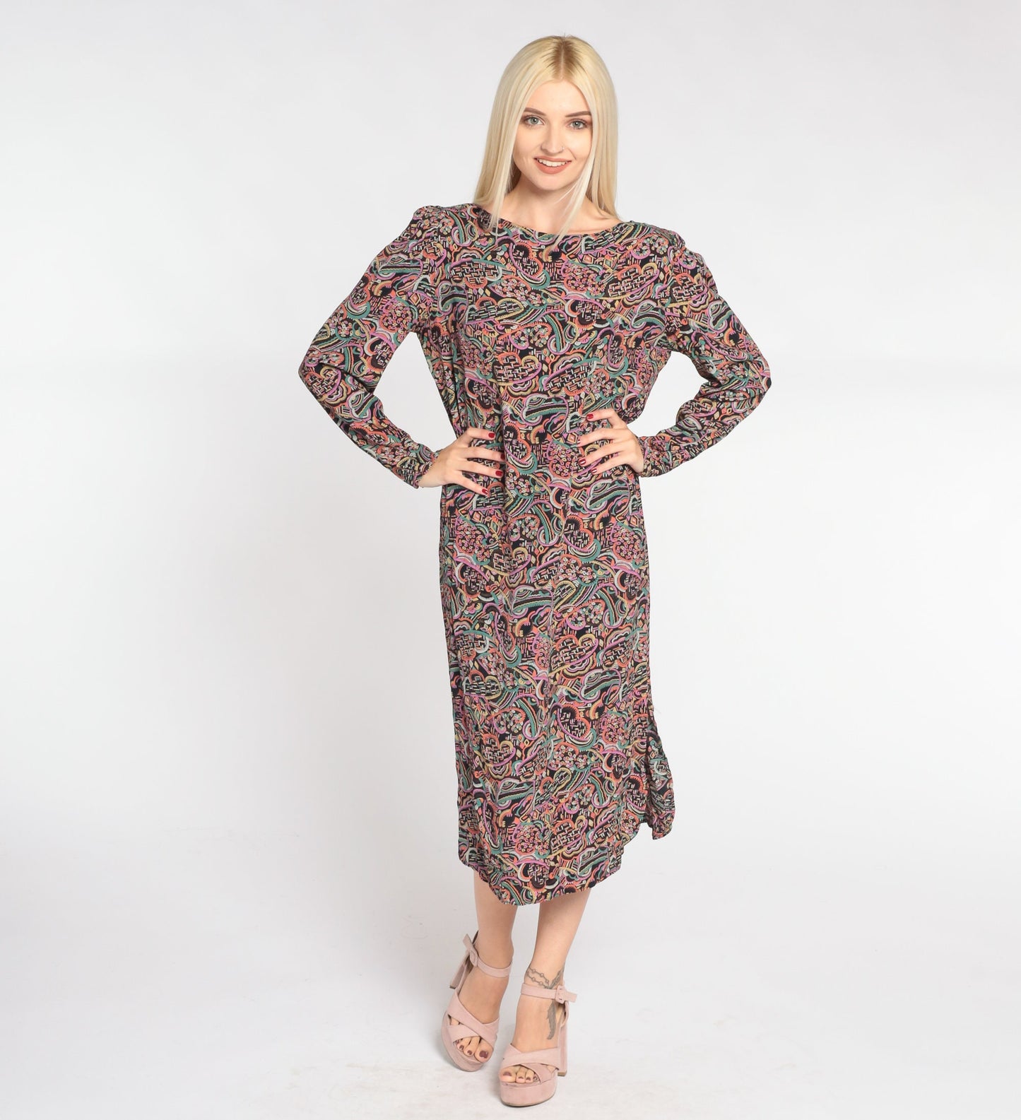 80s Abstract Cloud Print Midi Dress Black Puff Sleeve Shift Medium M