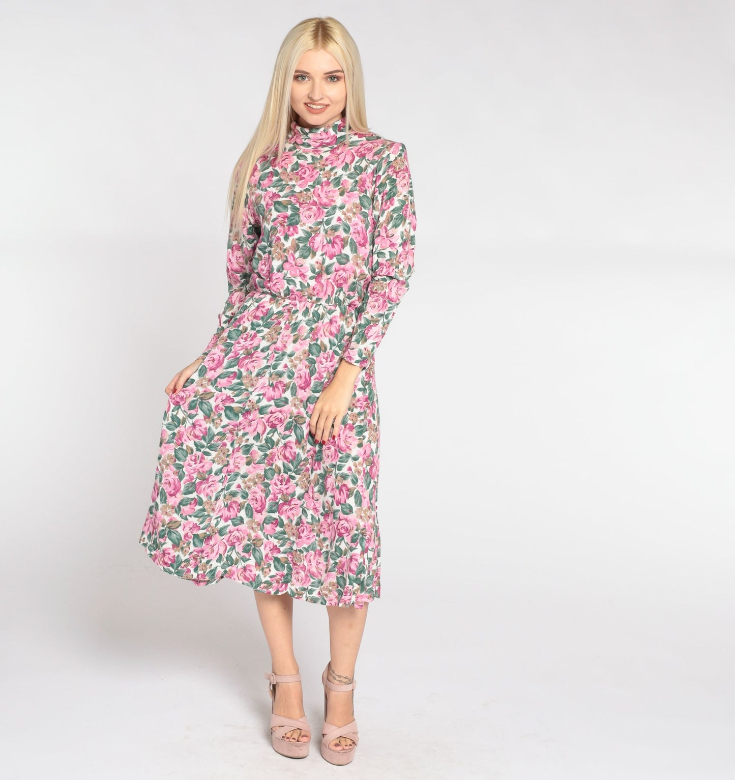 90s Floral Midi Dress White Mock Neck Long Sleeve High Waist Medium 8