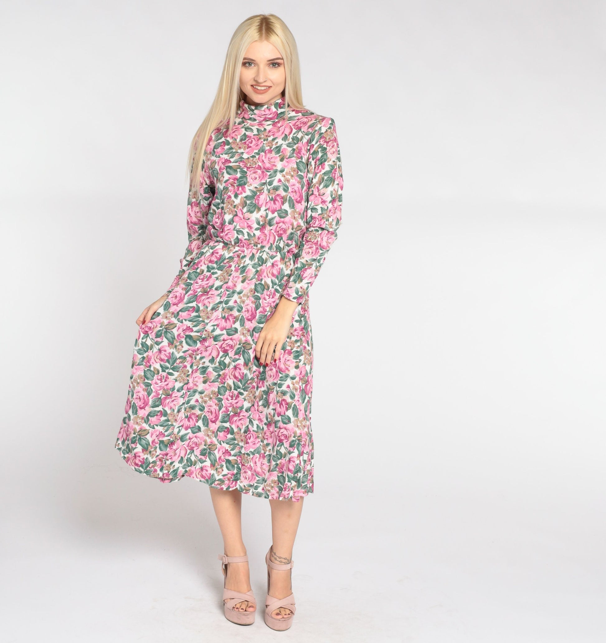 90s Floral Midi Dress White Mock Neck Long Sleeve High Waist Medium 8